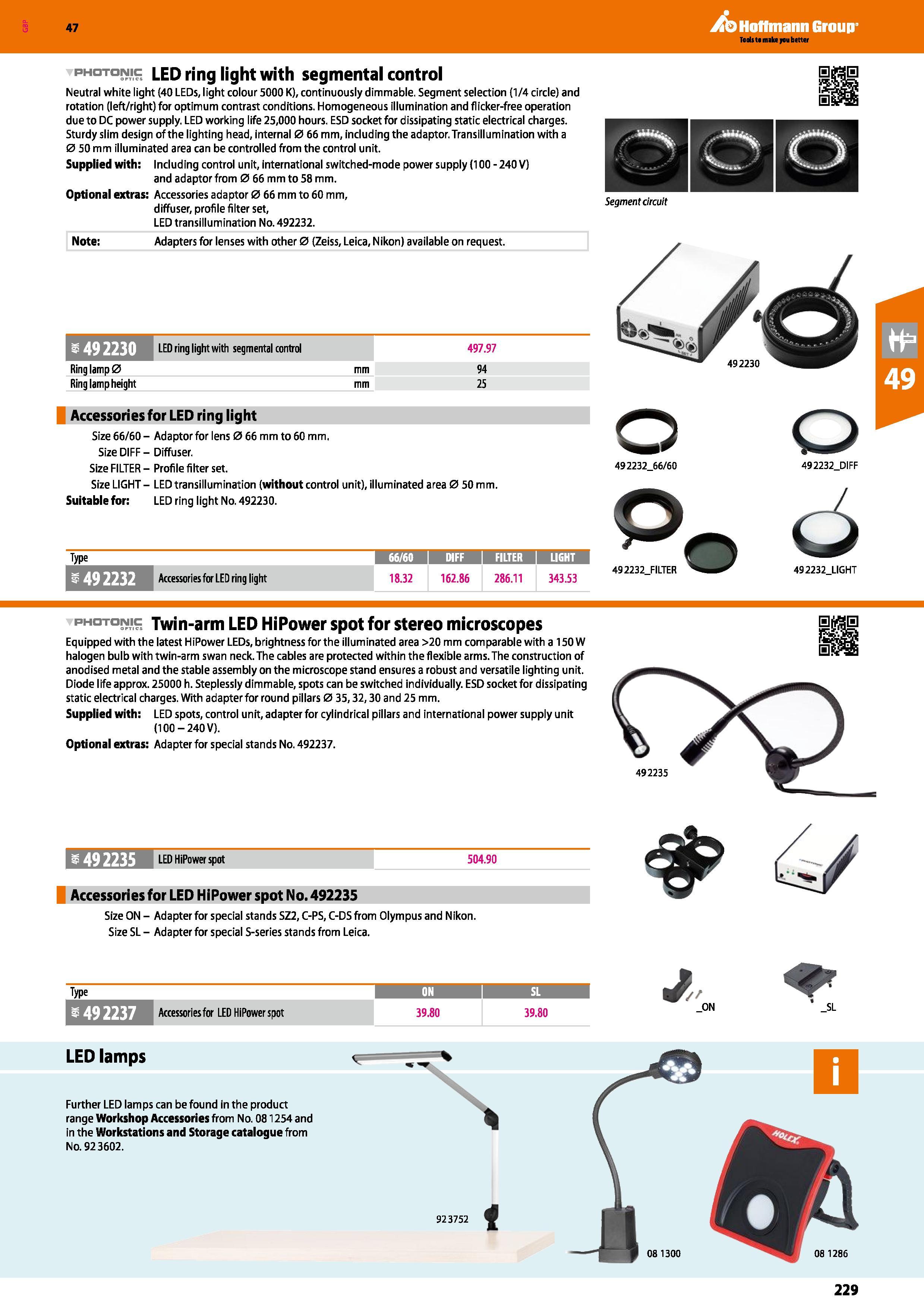 229 47 photonic LED ring light with segmental control Neutral white light (40 LEDs, light colour 5000 K), continuously dimmable Segment selection (1/ Каталог HOFFMANN GROUP 2016 Ручной слесарно-монтажный и измерительный инструмент и оборудование от комплексного поставщика промышленных предприятий Вер. 47 Англ. Стр. 229