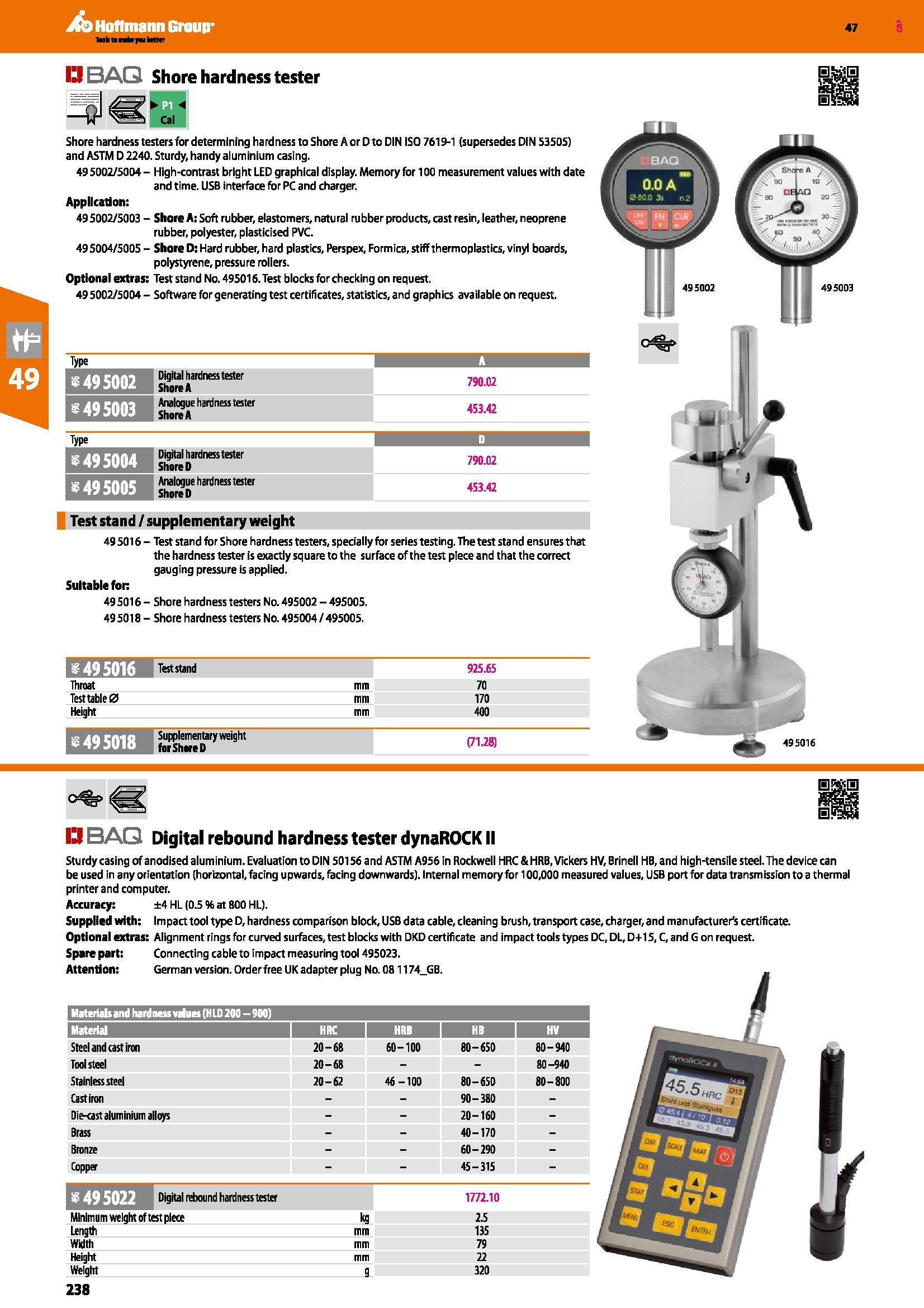 238 13 BAQ Shore hardness tester Cal Shore hardness testers for determining hardness to Shore A or D to DIN ISO 7619-1 (supersedes DIN 53505) and AST Каталог HOFFMANN GROUP 2016 Ручной слесарно-монтажный и измерительный инструмент и оборудование от комплексного поставщика промышленных предприятий Вер. 47 Англ. Стр. 238