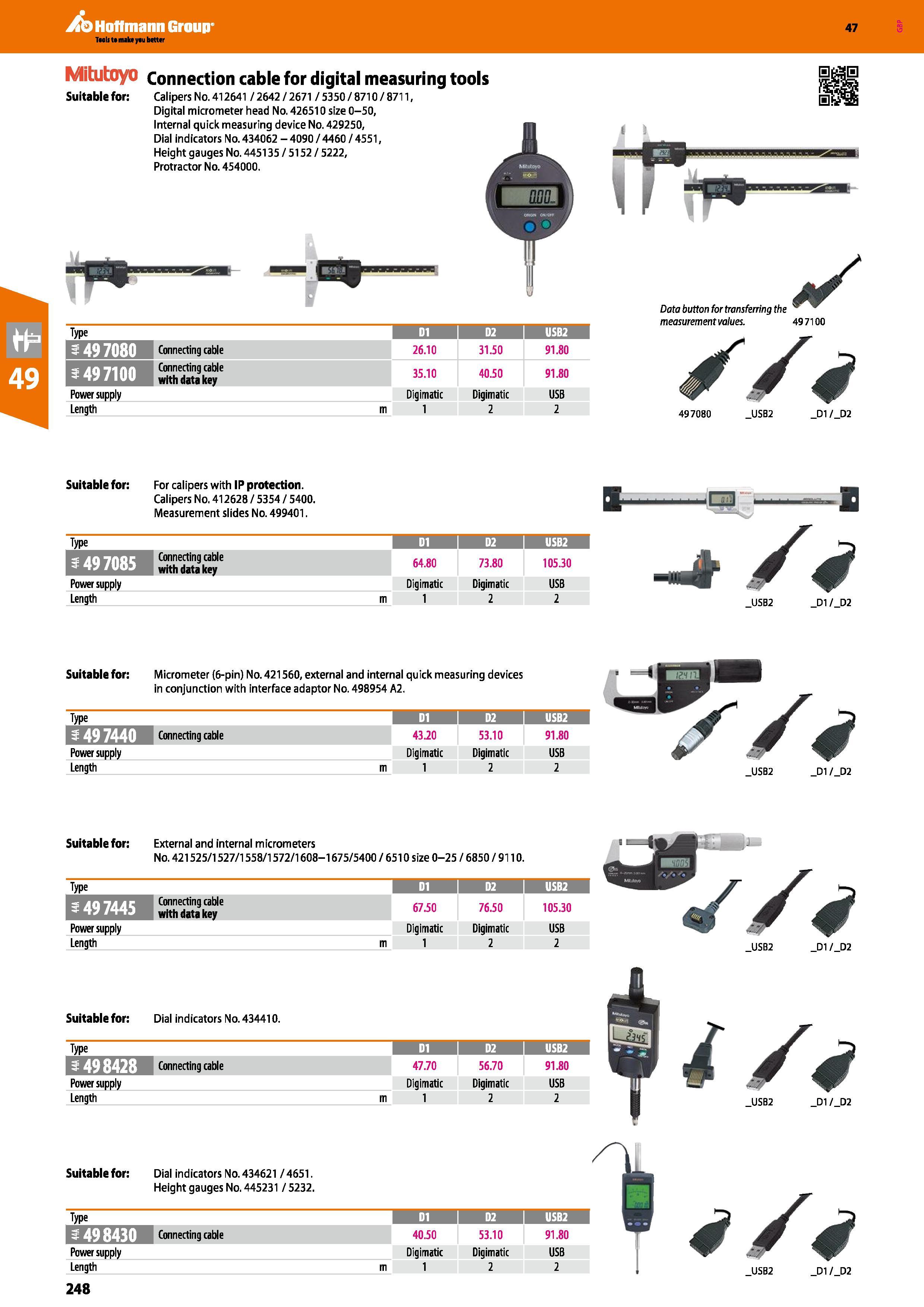 248 Hoffmann Group 47 Mitutoyo Connection cable for digital measuring tools Suitable for: Calipers No 412641 / 2642 / 2671 / 5350 / 8710 / 8711, Digi Каталог HOFFMANN GROUP 2016 Ручной слесарно-монтажный и измерительный инструмент и оборудование от комплексного поставщика промышленных предприятий Вер. 47 Англ. Стр. 248