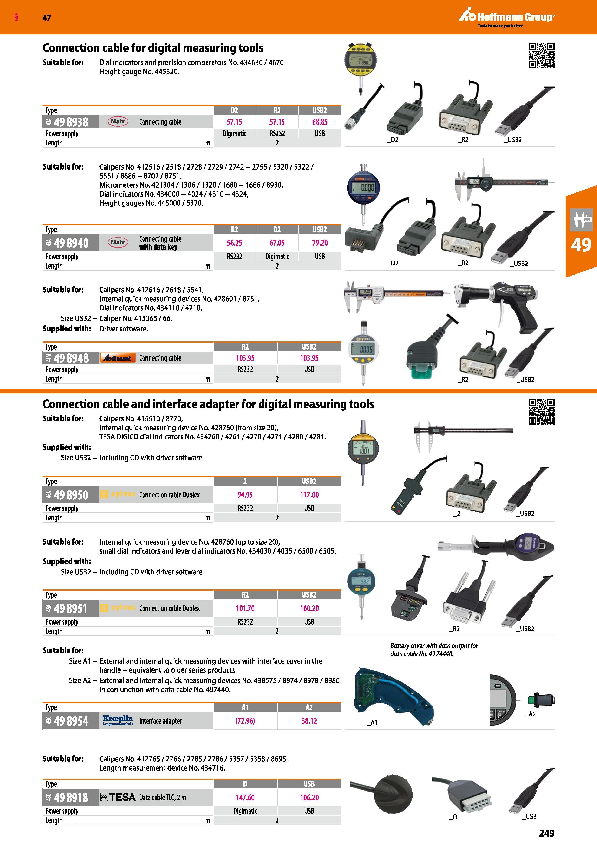 249 Hoffmann Group 47 Connection cable for digital measuring tools Suitable for: Dial indicators and precision comparators No 434630/4670 Height gaug Каталог HOFFMANN GROUP 2016 Ручной слесарно-монтажный и измерительный инструмент и оборудование от комплексного поставщика промышленных предприятий Вер. 47 Англ. Стр. 249