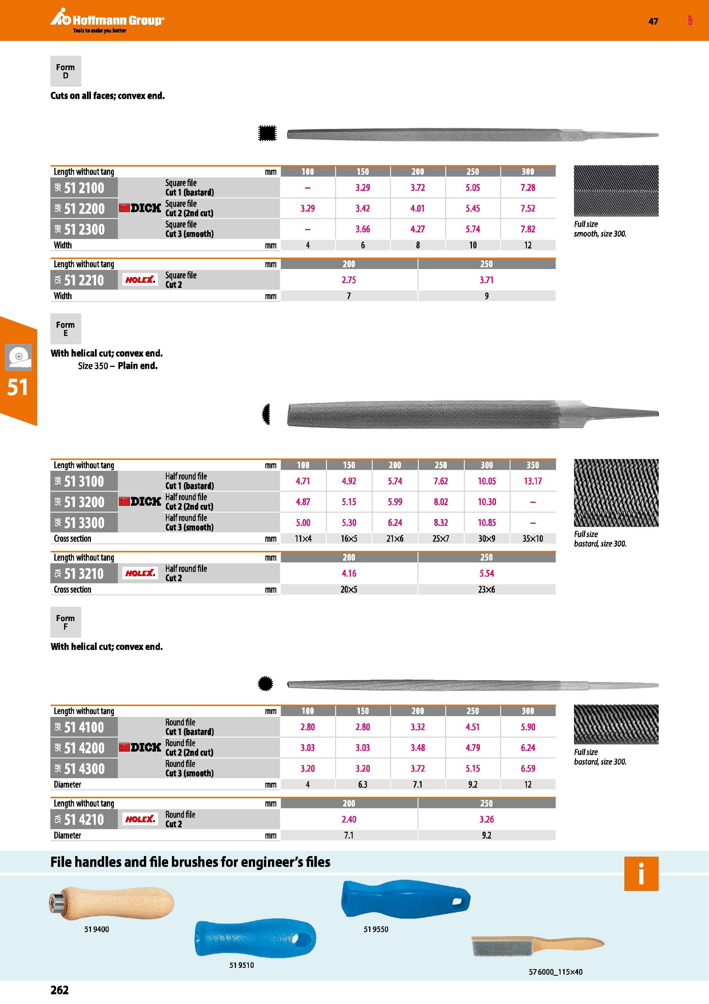 262 Hoffmann Group 47 Form D Cuts on all faces; convex end Length without tang mm 100 I 150 200 I 250 300 S 512100 Square file Cut 1 (bastard) - 3 29 Каталог HOFFMANN GROUP 2016 Ручной слесарно-монтажный и измерительный инструмент и оборудование от комплексного поставщика промышленных предприятий Вер. 47 Англ. Стр. 262