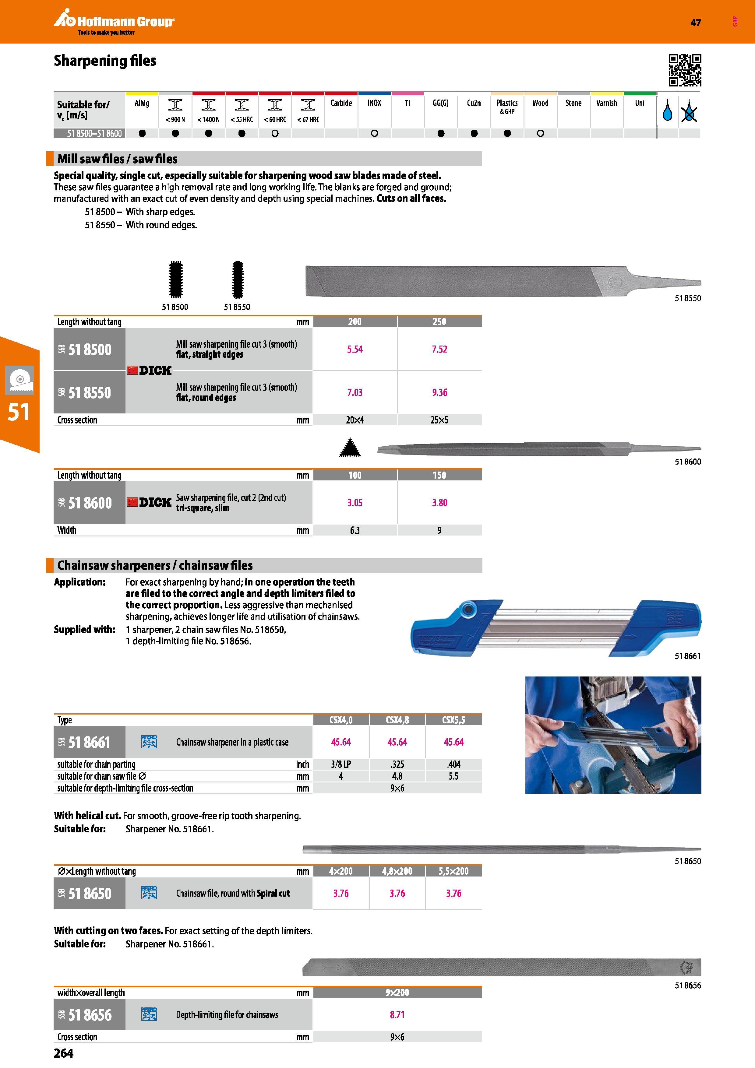 264 Hoffmann Group 47 Sharpening files Suitable for/ v, m/s AIMg X <900 N X <1400 N X <55 HRC X < 60 HRC X <67 HRC Carbide IN0X Ti GG(G) CuZn Plastic Каталог HOFFMANN GROUP 2016 Ручной слесарно-монтажный и измерительный инструмент и оборудование от комплексного поставщика промышленных предприятий Вер. 47 Англ. Стр. 264