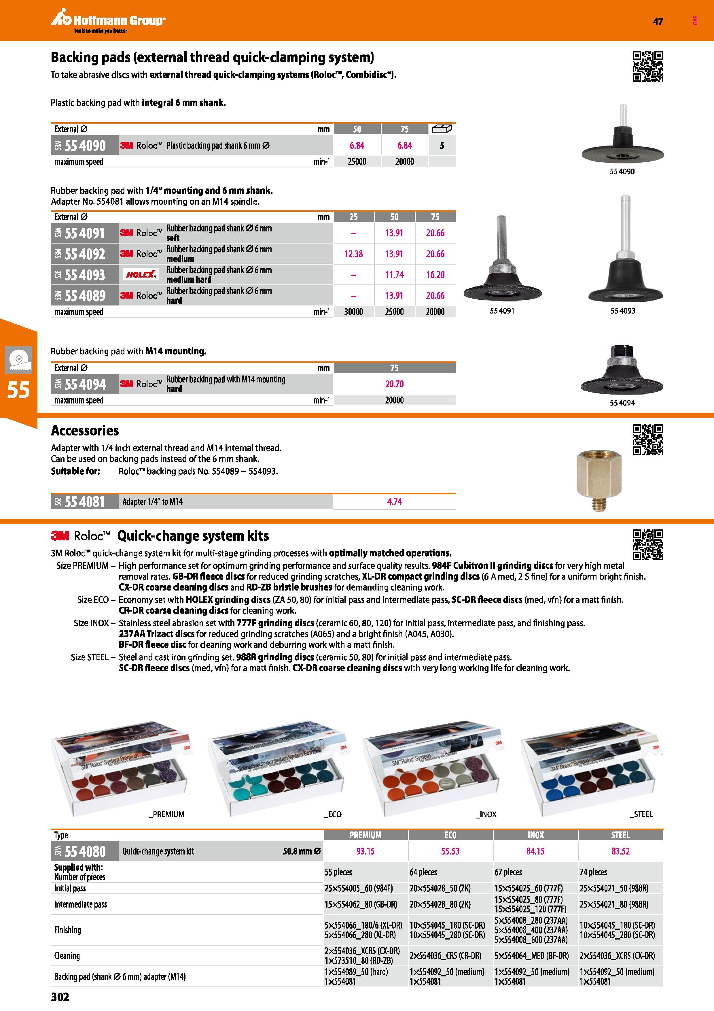 302 Hoffmann Group 47 Backing pads (external thread quick-damping system) To take abrasive discs with external thread quick-damping systems (Roloc , Каталог HOFFMANN GROUP 2016 Ручной слесарно-монтажный и измерительный инструмент и оборудование от комплексного поставщика промышленных предприятий Вер. 47 Англ. Стр. 302