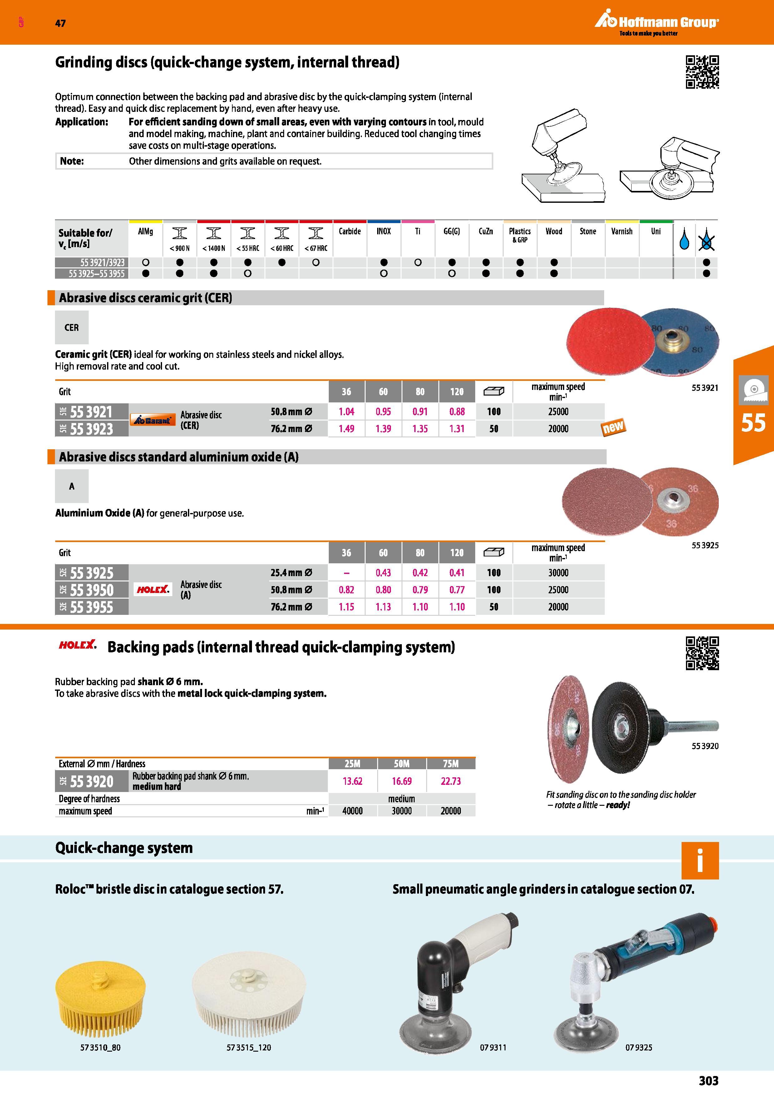 303 Hoffmann Group 47 Grinding discs (quick-change system, internal thread) Optimum connection between the backing pad and abrasive disc by the quick Каталог HOFFMANN GROUP 2016 Ручной слесарно-монтажный и измерительный инструмент и оборудование от комплексного поставщика промышленных предприятий Вер. 47 Англ. Стр. 303