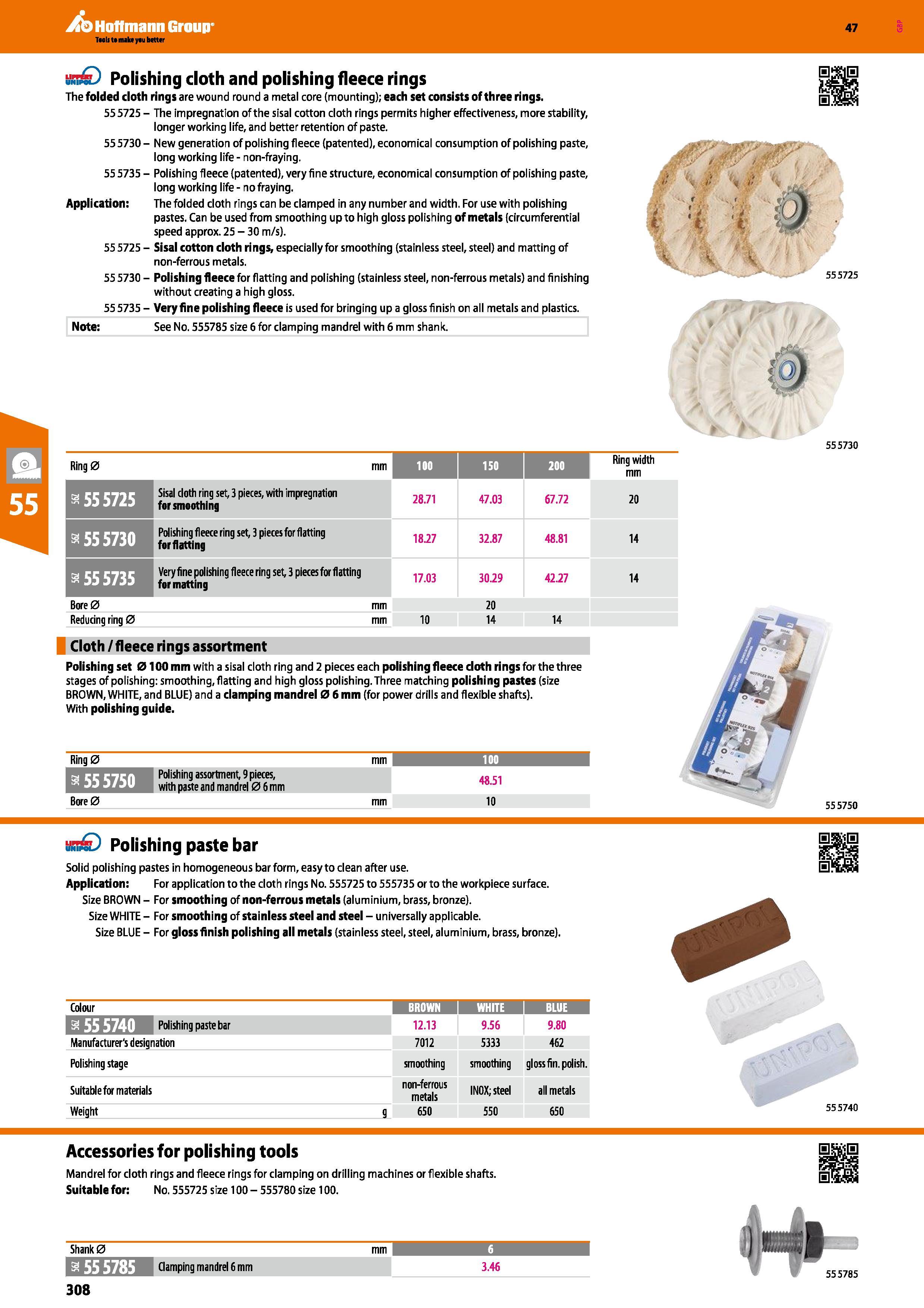 308 Hoffmann Group 47 00 Polishing cloth and polishing fleece rings The folded cloth rings are wound round a metal core (mounting); each set consists Каталог HOFFMANN GROUP 2016 Ручной слесарно-монтажный и измерительный инструмент и оборудование от комплексного поставщика промышленных предприятий Вер. 47 Англ. Стр. 308