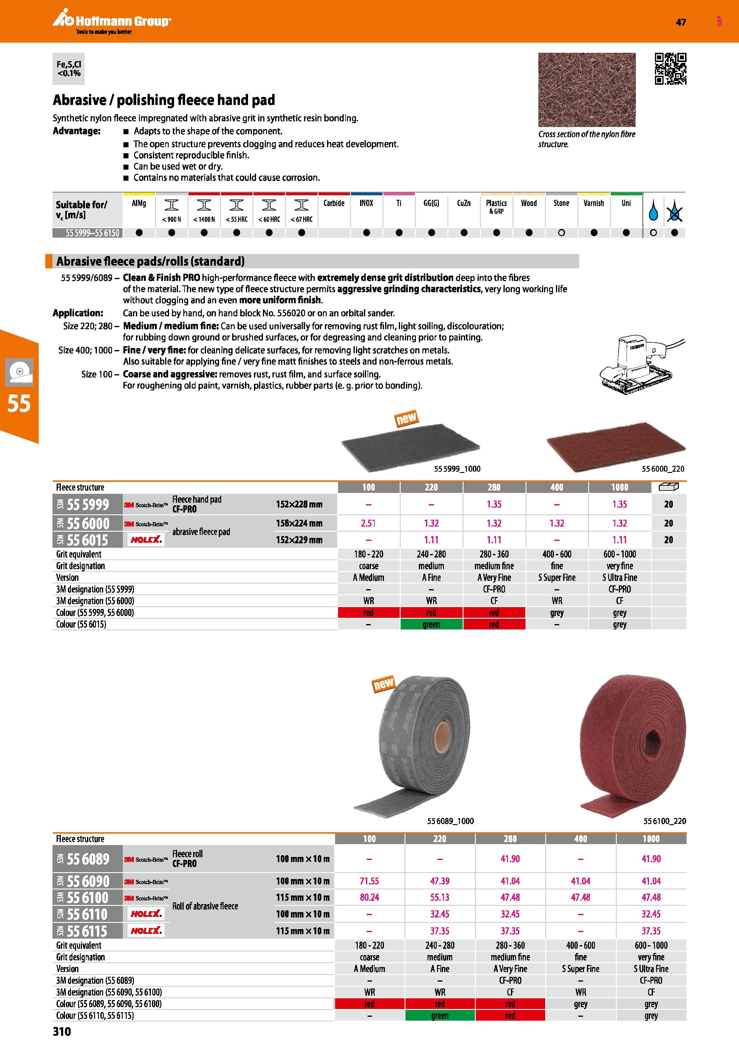 310 Hoffmann Group 47 Fe,S,CI <0 1% Abrasive / polishing fleece hand pad Synthetic nylon fleece impregnated with abrasive grit in synthetic resin bon Каталог HOFFMANN GROUP 2016 Ручной слесарно-монтажный и измерительный инструмент и оборудование от комплексного поставщика промышленных предприятий Вер. 47 Англ. Стр. 310