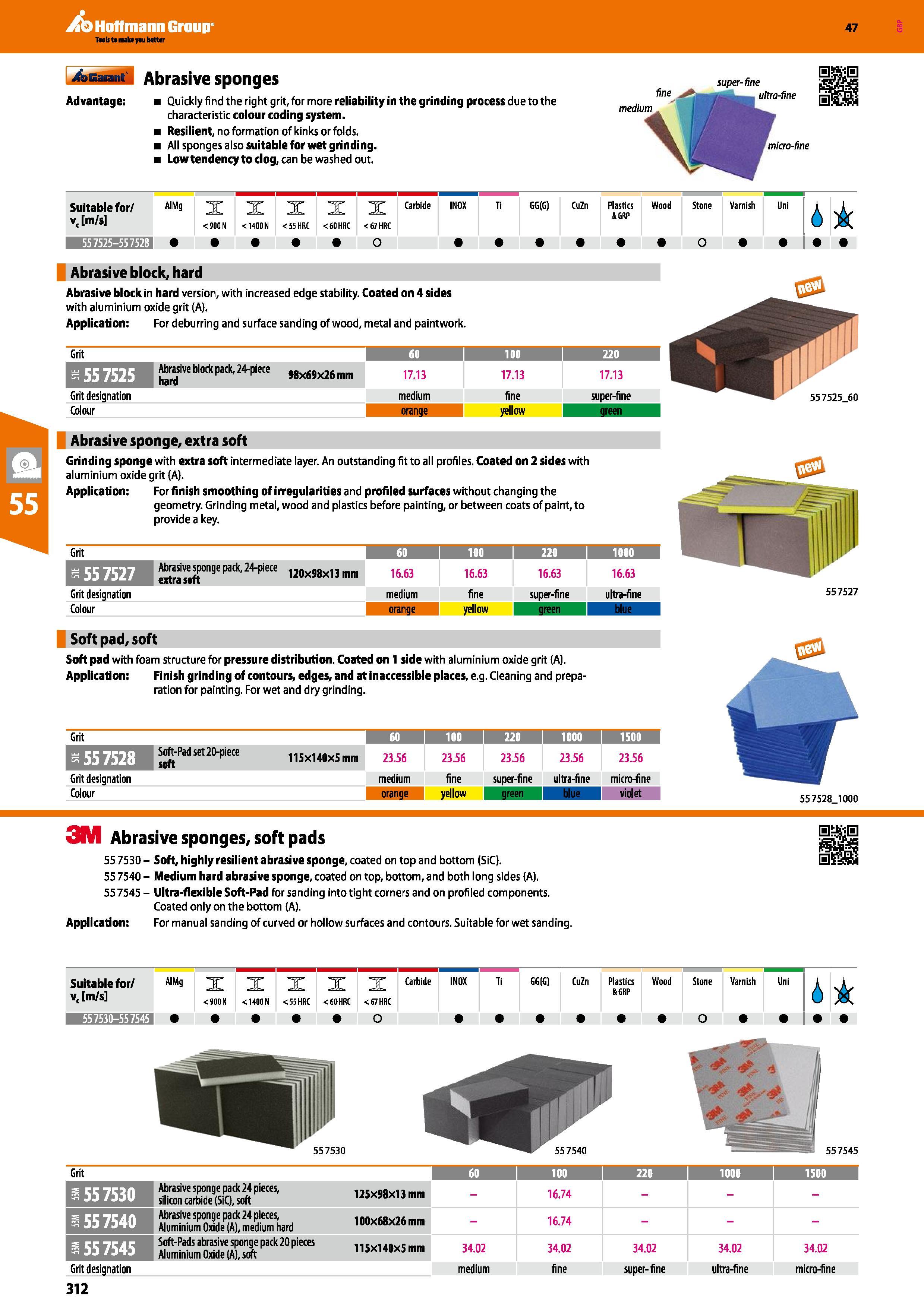 312 Hoffmann Group 47 Abrasive sponges super-fine Advantage: Quickly find the right grit, for more reliability in the grinding process due to the cha Каталог HOFFMANN GROUP 2016 Ручной слесарно-монтажный и измерительный инструмент и оборудование от комплексного поставщика промышленных предприятий Вер. 47 Англ. Стр. 312