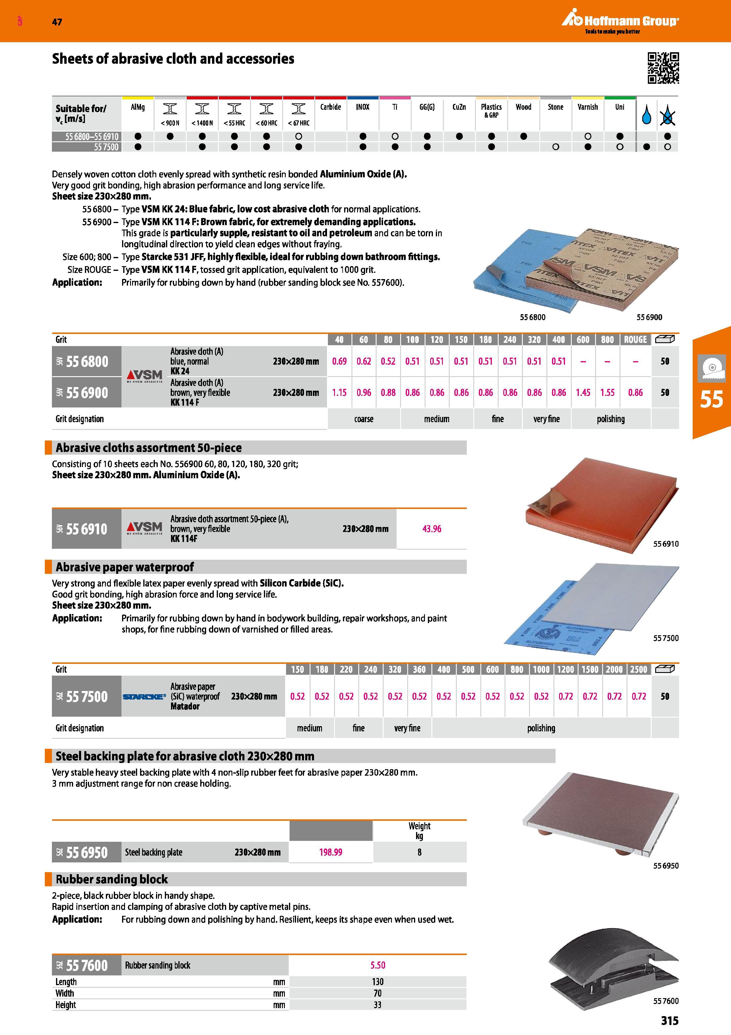 315 47 Sheets of abrasive cloth and accessories Hoffmann Group Suitable for/ vc m/s AIMg X < 900 N X <1400 N X <55 HRC X <60 HRC Carbide <67 HRC INOX Каталог HOFFMANN GROUP 2016 Ручной слесарно-монтажный и измерительный инструмент и оборудование от комплексного поставщика промышленных предприятий Вер. 47 Англ. Стр. 315
