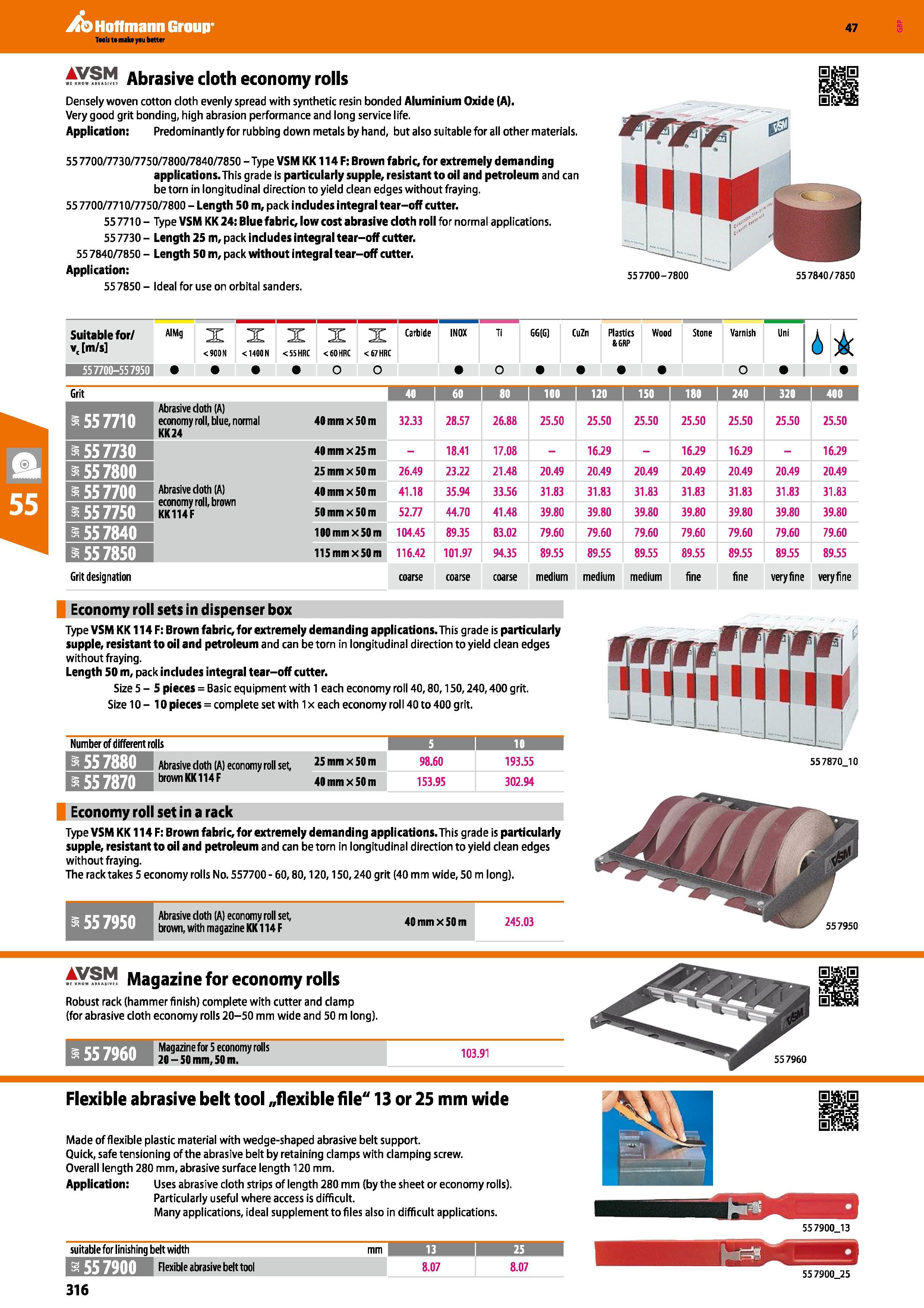 316 Hoffmann Group 47 Abrasive cloth economy rolls Densely woven cotton cloth evenly spread with synthetic resin bonded Aluminium Oxide (A) Very good Каталог HOFFMANN GROUP 2016 Ручной слесарно-монтажный и измерительный инструмент и оборудование от комплексного поставщика промышленных предприятий Вер. 47 Англ. Стр. 316