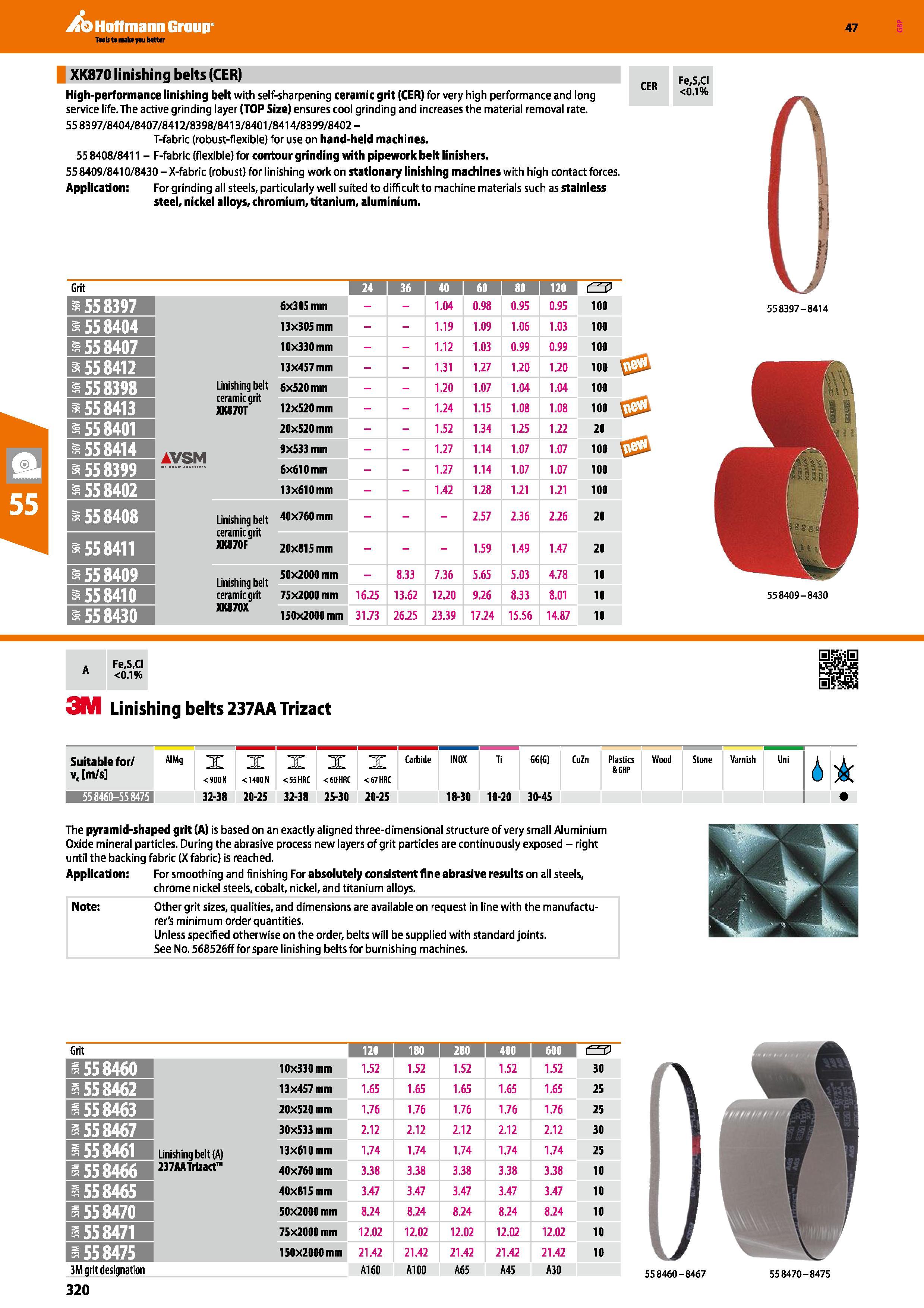 320 Hoffmann Group 47 XK870 linishing belts (CER) High-performance linishing belt with self-sharpening ceramic grit (CER) for very high performance a Каталог HOFFMANN GROUP 2016 Ручной слесарно-монтажный и измерительный инструмент и оборудование от комплексного поставщика промышленных предприятий Вер. 47 Англ. Стр. 320