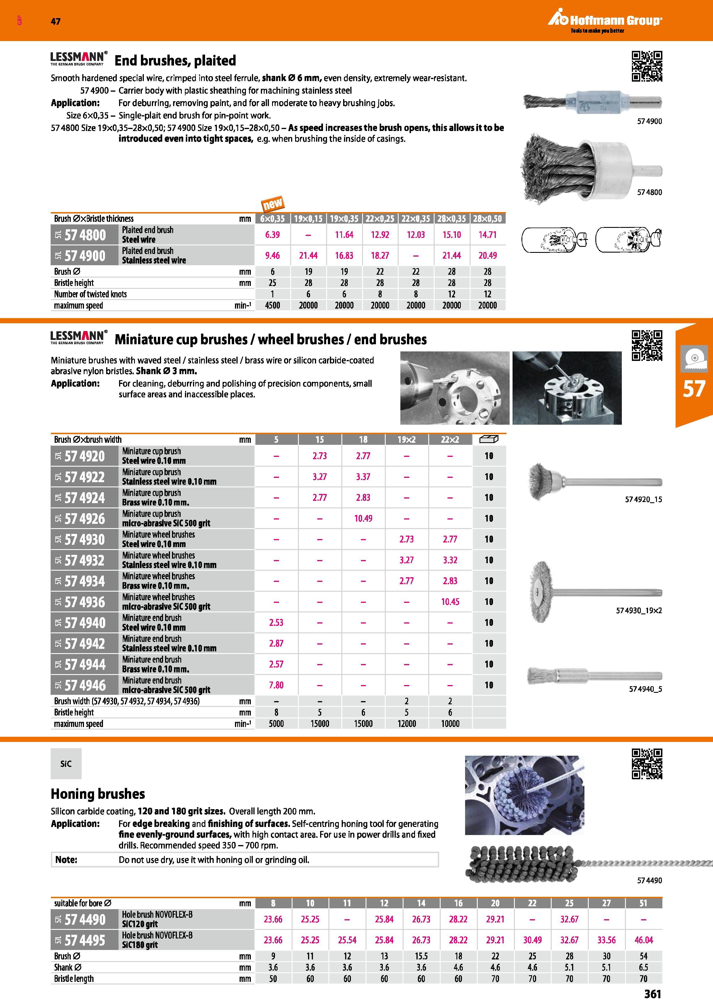 361 Hoffmann Group 47 End brushes, plaited Smooth hardened special wire, crimped into steel ferrule, shank 0 6 mm, even density, extremely wear-resis Каталог HOFFMANN GROUP 2016 Ручной слесарно-монтажный и измерительный инструмент и оборудование от комплексного поставщика промышленных предприятий Вер. 47 Англ. Стр. 361