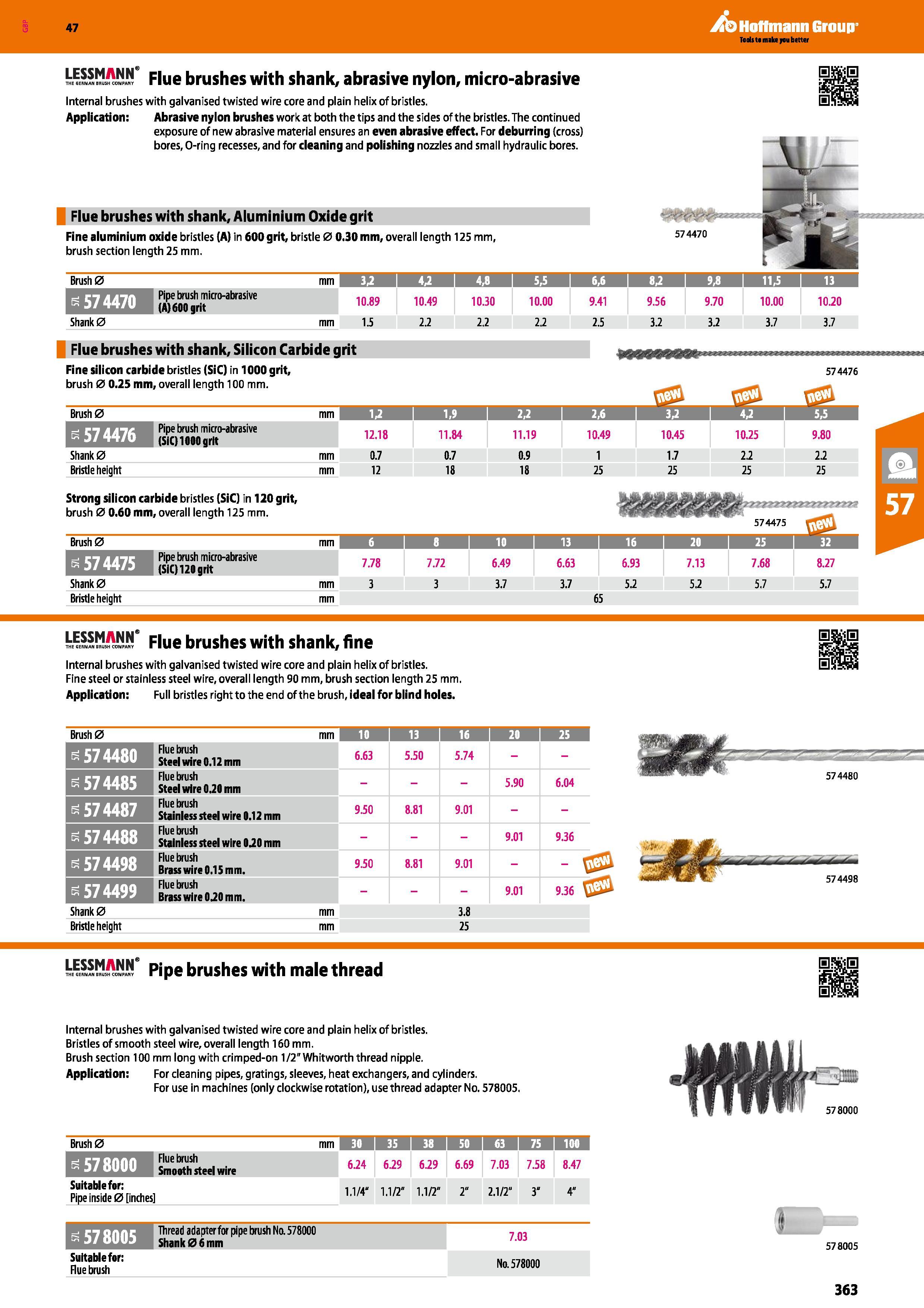 363 Hoffmann Group 47 Flue brushes with shank, abrasive nylon, micro-abrasive Internal brushes with galvanised twisted wire core and plain helix of b Каталог HOFFMANN GROUP 2016 Ручной слесарно-монтажный и измерительный инструмент и оборудование от комплексного поставщика промышленных предприятий Вер. 47 Англ. Стр. 363