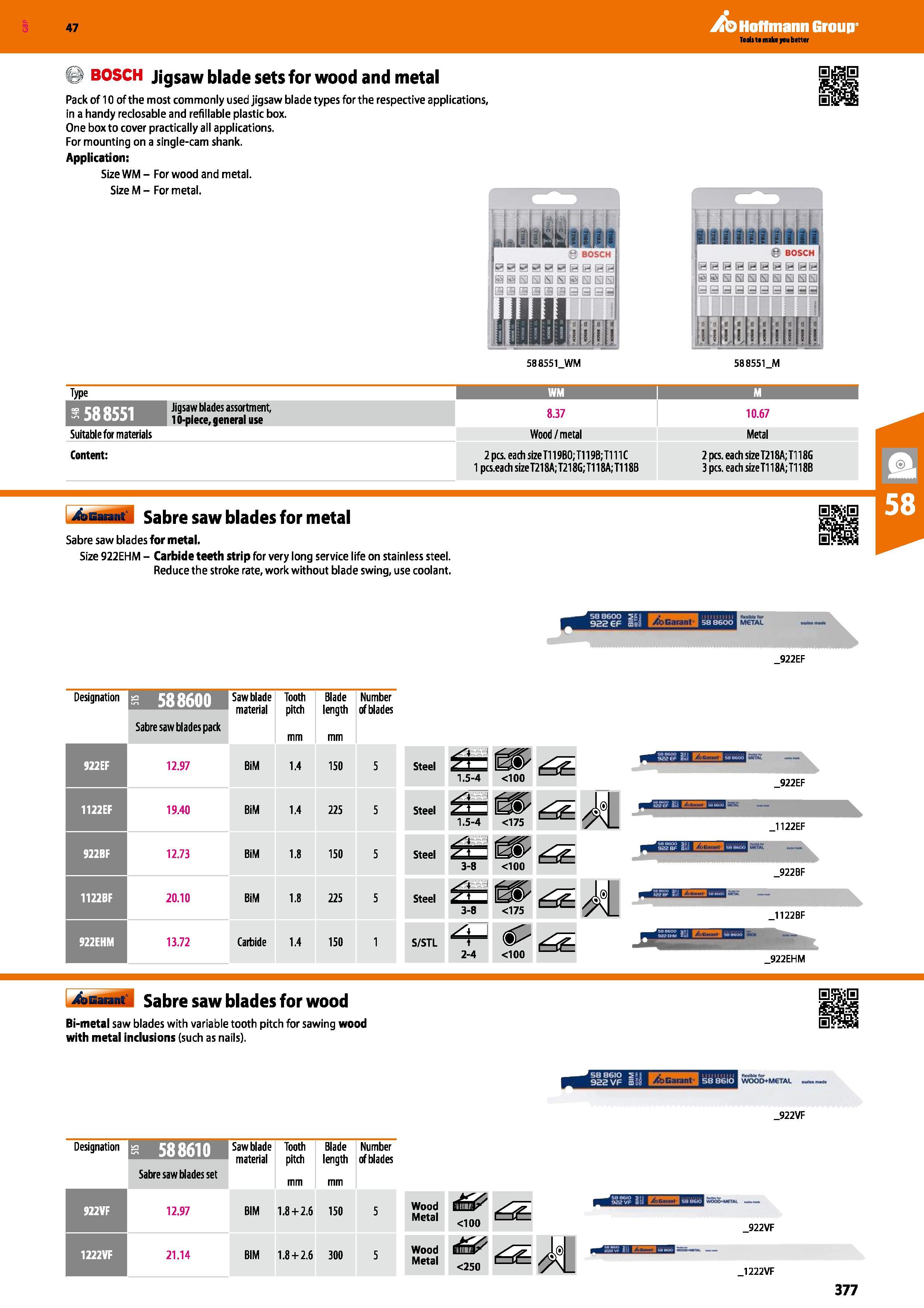 377 Hoffmann Group 47 if BOSCH Jigsaw blade sets for wood and metal Pack of 10 of the most commonly used jigsaw blade types for the respective applic Каталог HOFFMANN GROUP 2016 Ручной слесарно-монтажный и измерительный инструмент и оборудование от комплексного поставщика промышленных предприятий Вер. 47 Англ. Стр. 377
