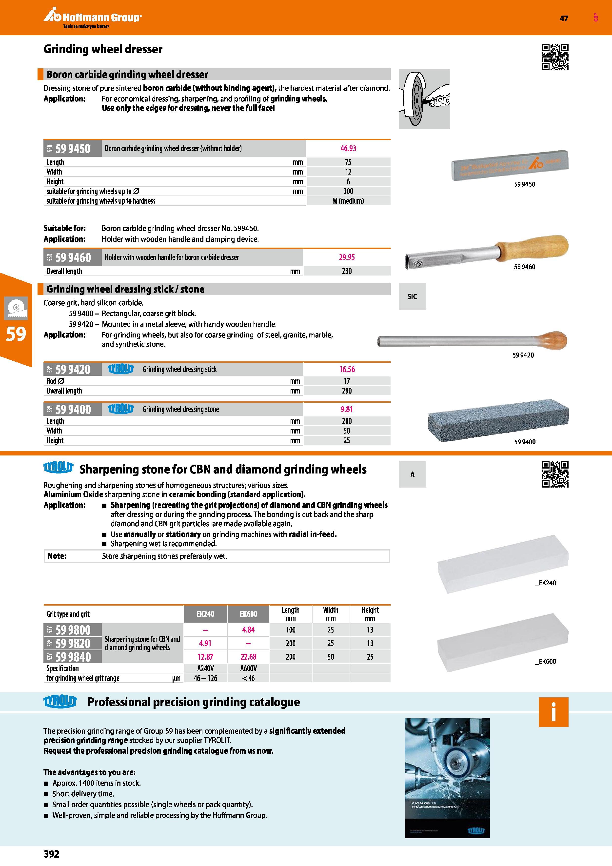 392 Hoffmann Group 47 Grinding wheel dresser Boron carbide grinding wheel dresser Dressing stone of pure sintered boron carbide (without binding agen Каталог HOFFMANN GROUP 2016 Ручной слесарно-монтажный и измерительный инструмент и оборудование от комплексного поставщика промышленных предприятий Вер. 47 Англ. Стр. 392