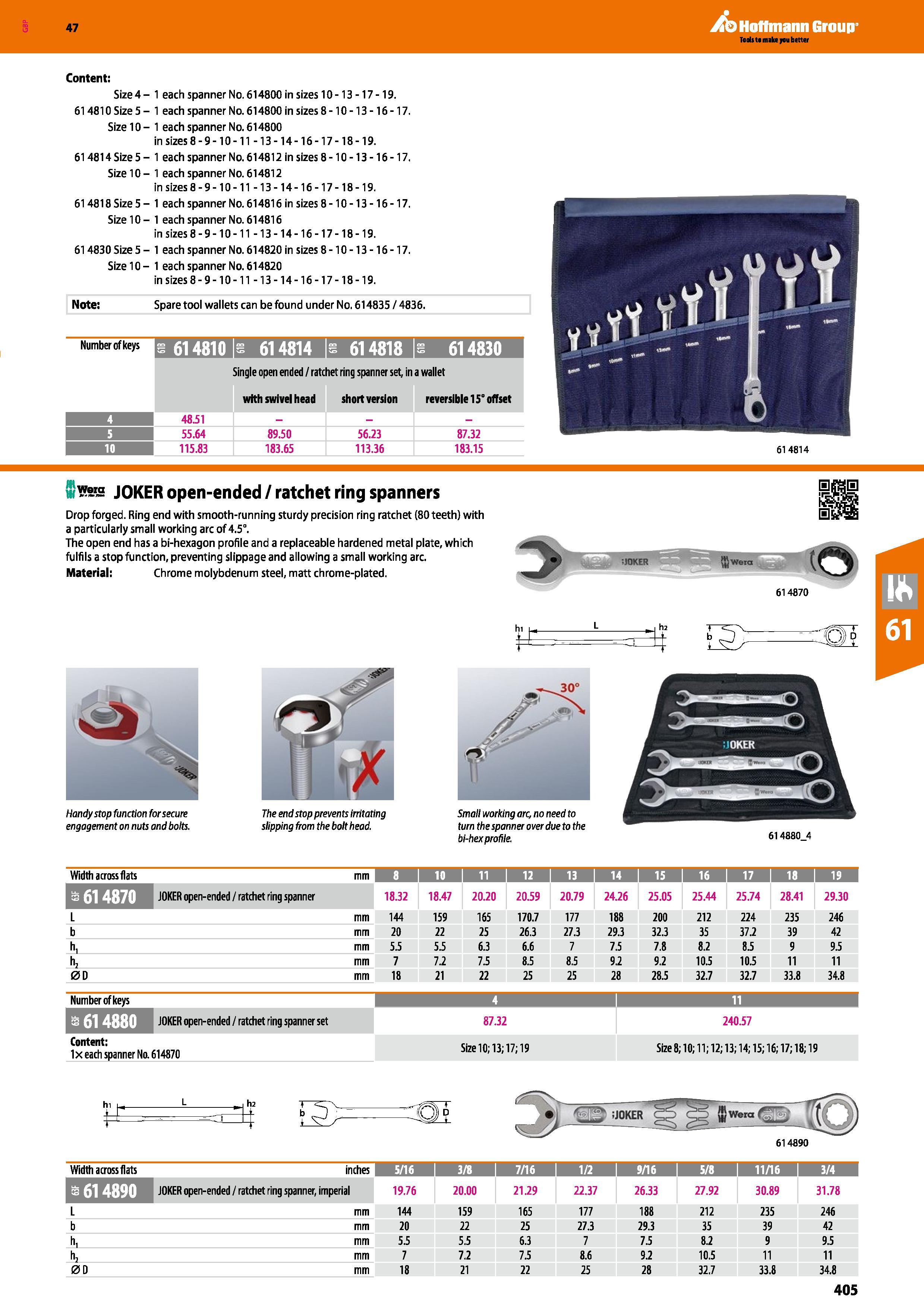 405 Hoflmann Group Content: Size4- 1 each spanner No 614800 in sizes 10-13-17-19 614810 Size 5 - 1 each spanner No 614800 in sizes 8-10-13 -16-17 Siz Каталог HOFFMANN GROUP 2016 Ручной слесарно-монтажный и измерительный инструмент и оборудование от комплексного поставщика промышленных предприятий Вер. 47 Англ. Стр. 405