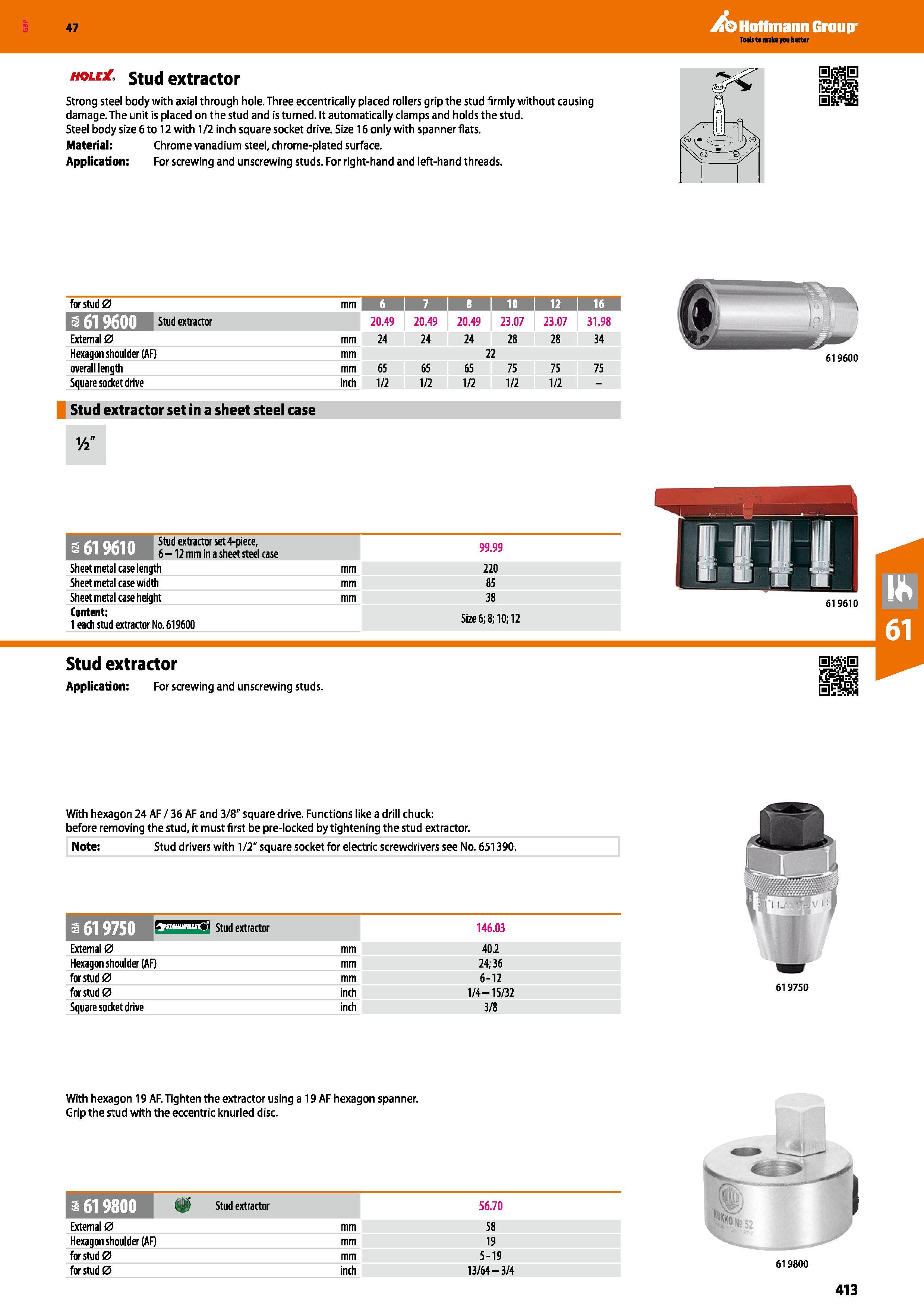 413 Hoffmann Group 47 0Lur stud extractor Strong steel body with axial through hole Three eccentrically placed rollers grip the stud firmly without c Каталог HOFFMANN GROUP 2016 Ручной слесарно-монтажный и измерительный инструмент и оборудование от комплексного поставщика промышленных предприятий Вер. 47 Англ. Стр. 413