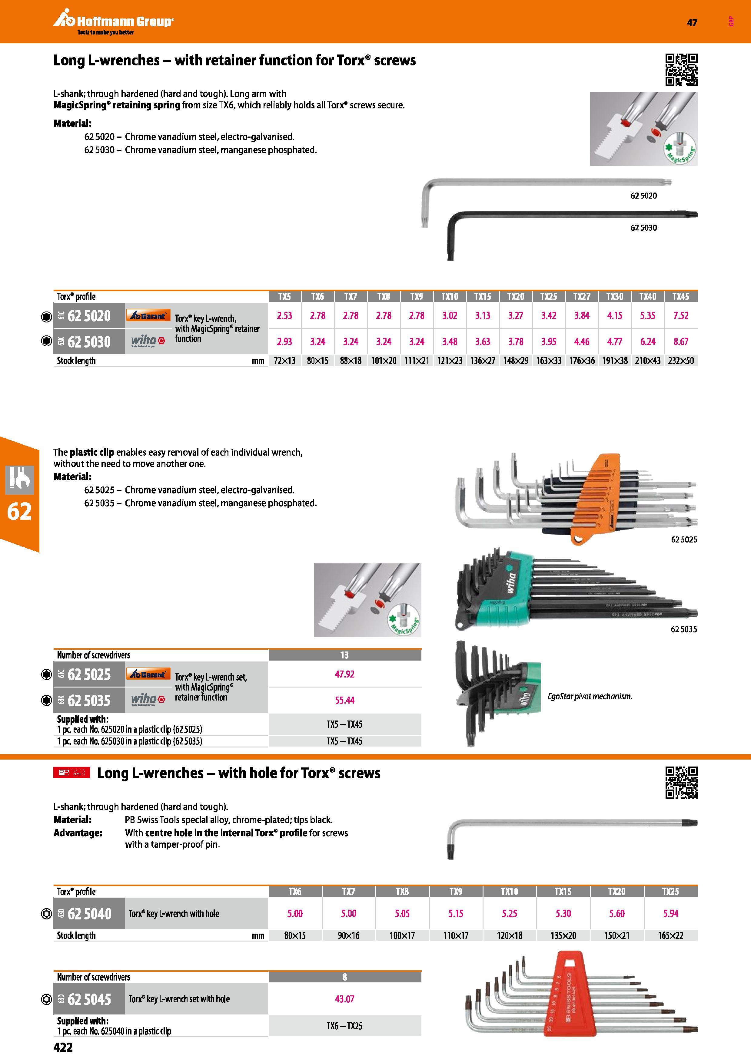 422 Hoffmann Group Long L-wrenches - with retainer function for Torx screws L-shank; through hardened (hard and tough) Long arm with MagicSpring reta Каталог HOFFMANN GROUP 2016 Ручной слесарно-монтажный и измерительный инструмент и оборудование от комплексного поставщика промышленных предприятий Вер. 47 Англ. Стр. 422