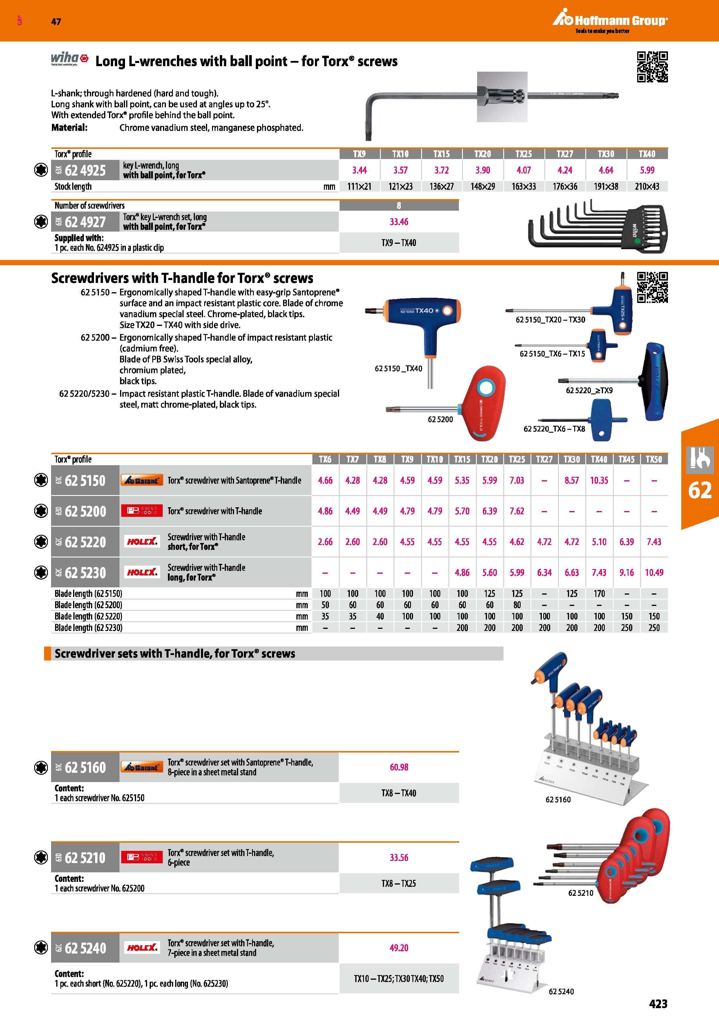 423 Hoffmann Group 47 Long L-wrenches with ball point - for Torx screws L-shank; through hardened (hard and tough) Long shank with ball point, can be Каталог HOFFMANN GROUP 2016 Ручной слесарно-монтажный и измерительный инструмент и оборудование от комплексного поставщика промышленных предприятий Вер. 47 Англ. Стр. 423