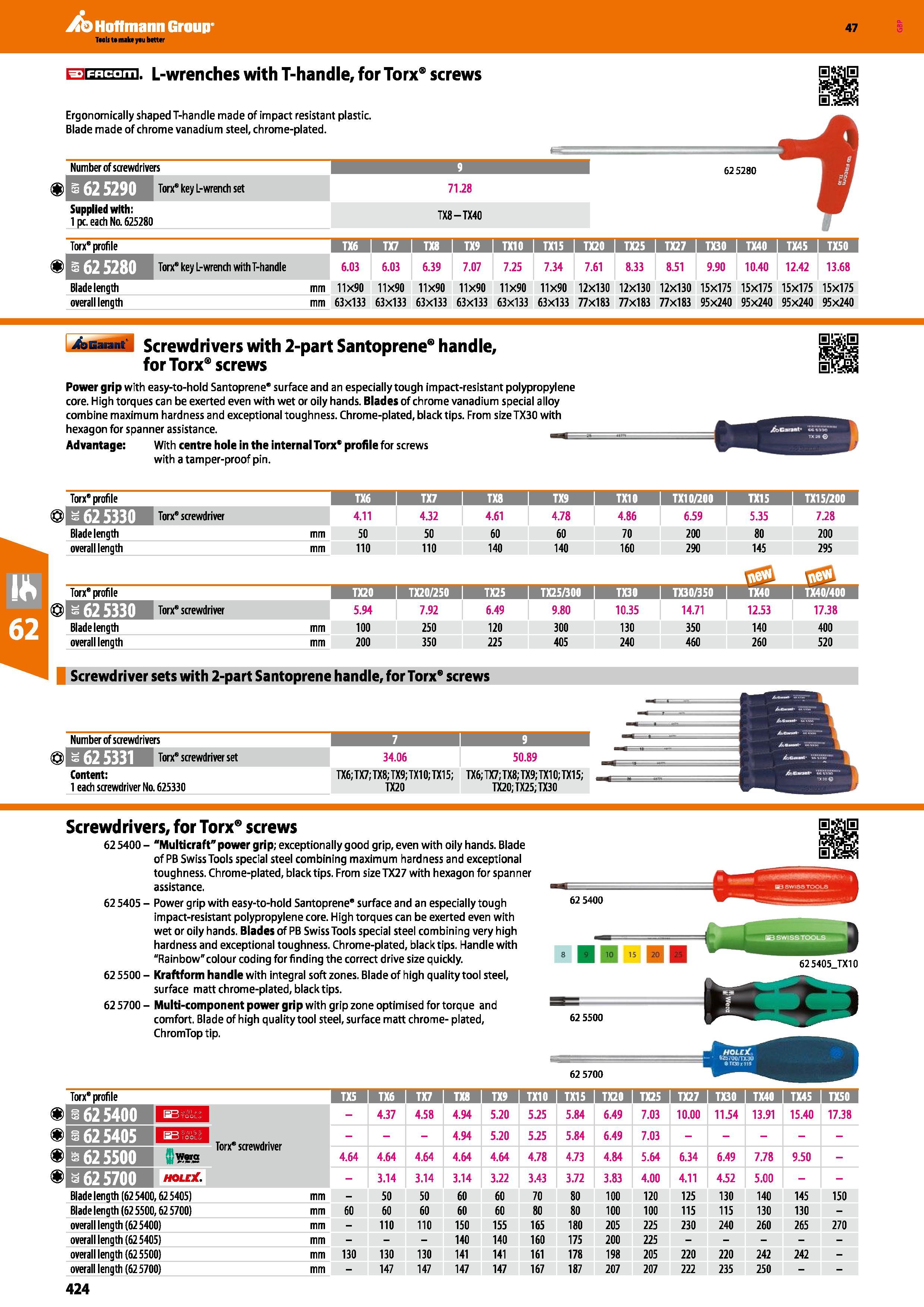 424 Hoffmann Group 47 E3ld:L-> iil L-wrenches with T-handle, for Torx9 screws Ergonomically shaped T-handle made of impact resistant plastic Blade ma Каталог HOFFMANN GROUP 2016 Ручной слесарно-монтажный и измерительный инструмент и оборудование от комплексного поставщика промышленных предприятий Вер. 47 Англ. Стр. 424