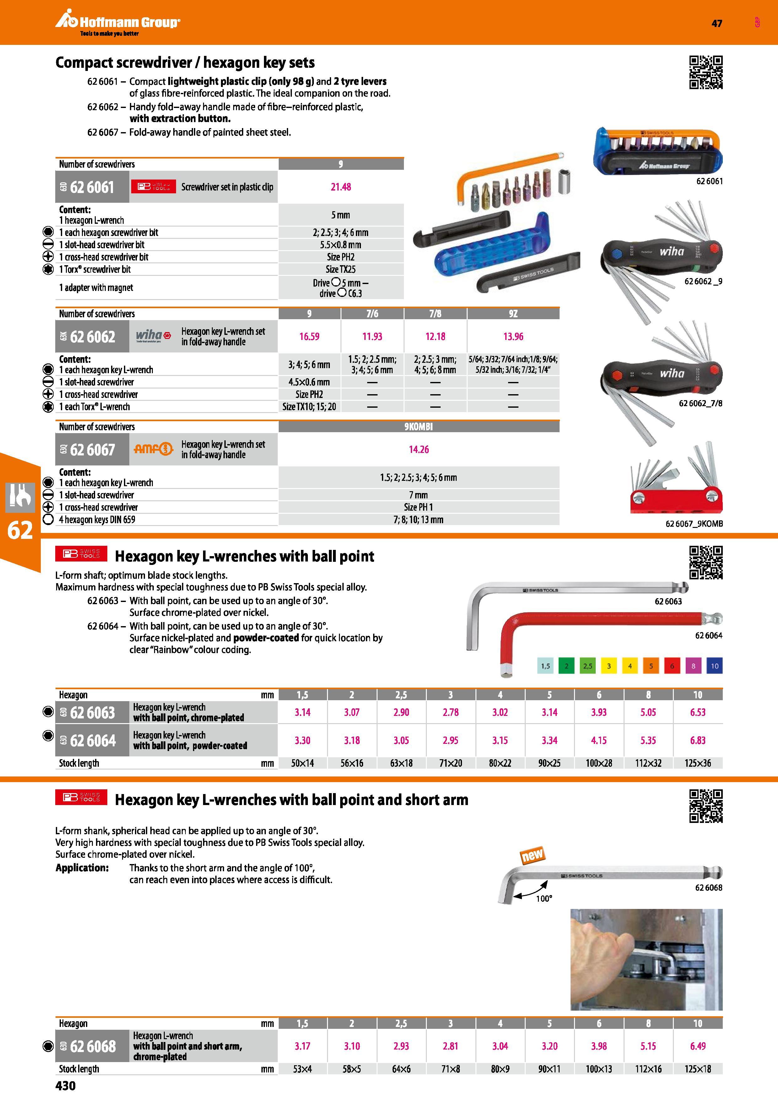 430 Hoffmann Group 47 Compact screwdriver / hexagon key sets 62 6061 - Compact lightweight plastic clip (only 98 g) and 2 tyre levers of glass fibre- Каталог HOFFMANN GROUP 2016 Ручной слесарно-монтажный и измерительный инструмент и оборудование от комплексного поставщика промышленных предприятий Вер. 47 Англ. Стр. 430