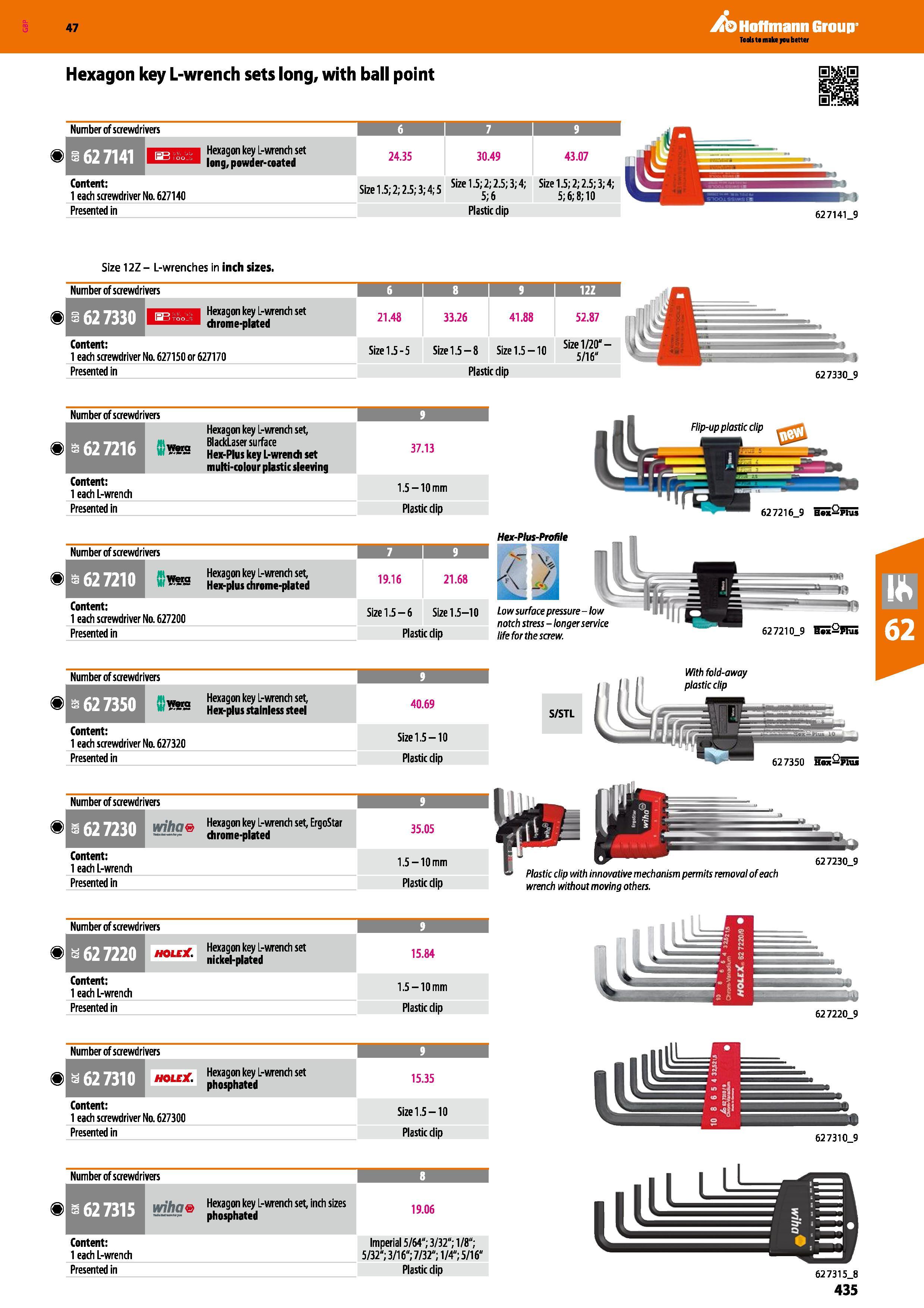435 Hoffmann Group 47 Hexagon key L-wrench sets long, with ball point e Number of screwdrivers 6 I 7 9 1 627141 E iB Hexagon key L-wrench set “JtfrtB Каталог HOFFMANN GROUP 2016 Ручной слесарно-монтажный и измерительный инструмент и оборудование от комплексного поставщика промышленных предприятий Вер. 47 Англ. Стр. 435