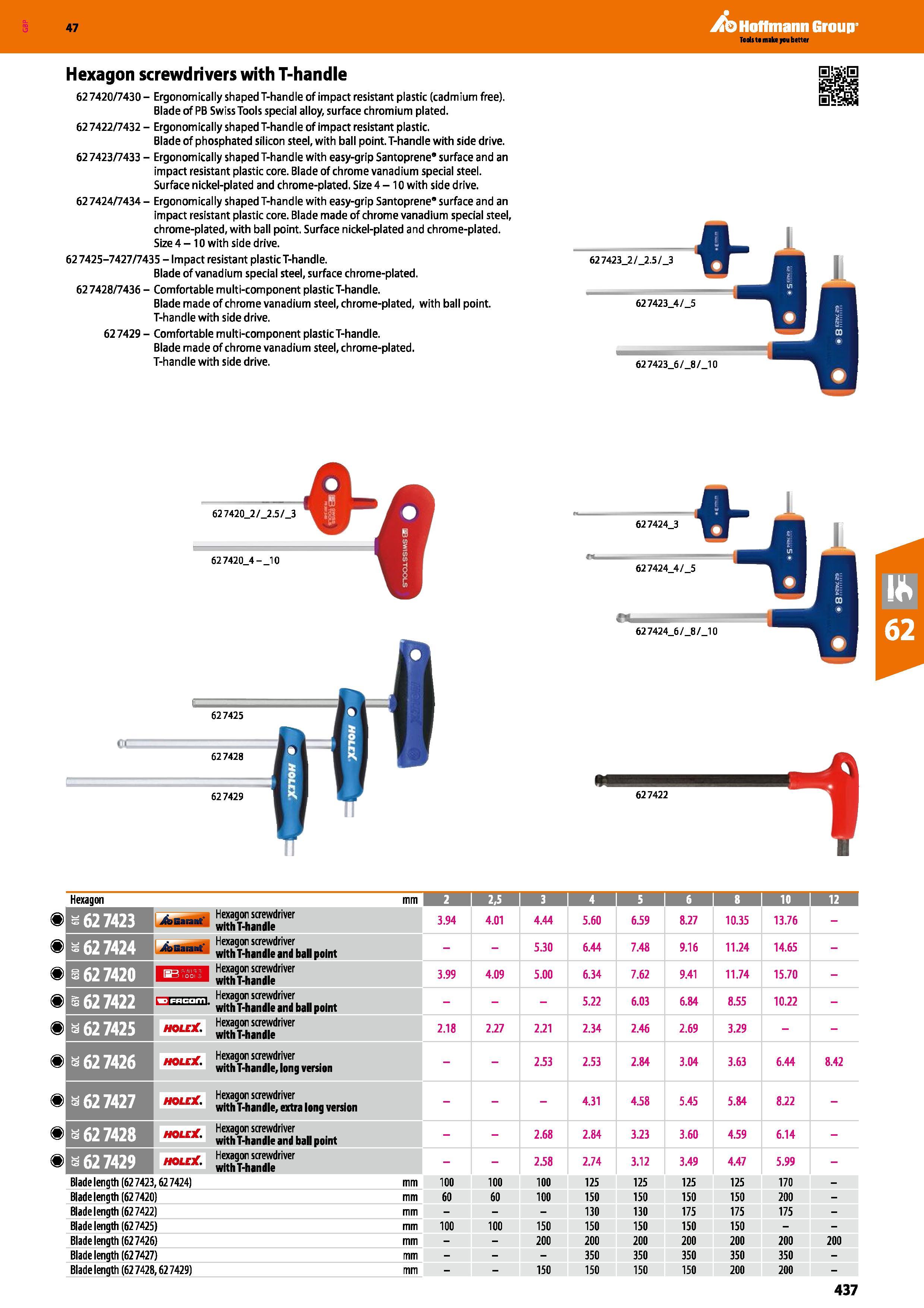 437 Hoffmann Group 47 Hexagon screwdrivers with T-handle 62 7420/7430 - Ergonomically shaped T-handle of impact resistant plastic (cadmium free) Blad Каталог HOFFMANN GROUP 2016 Ручной слесарно-монтажный и измерительный инструмент и оборудование от комплексного поставщика промышленных предприятий Вер. 47 Англ. Стр. 437