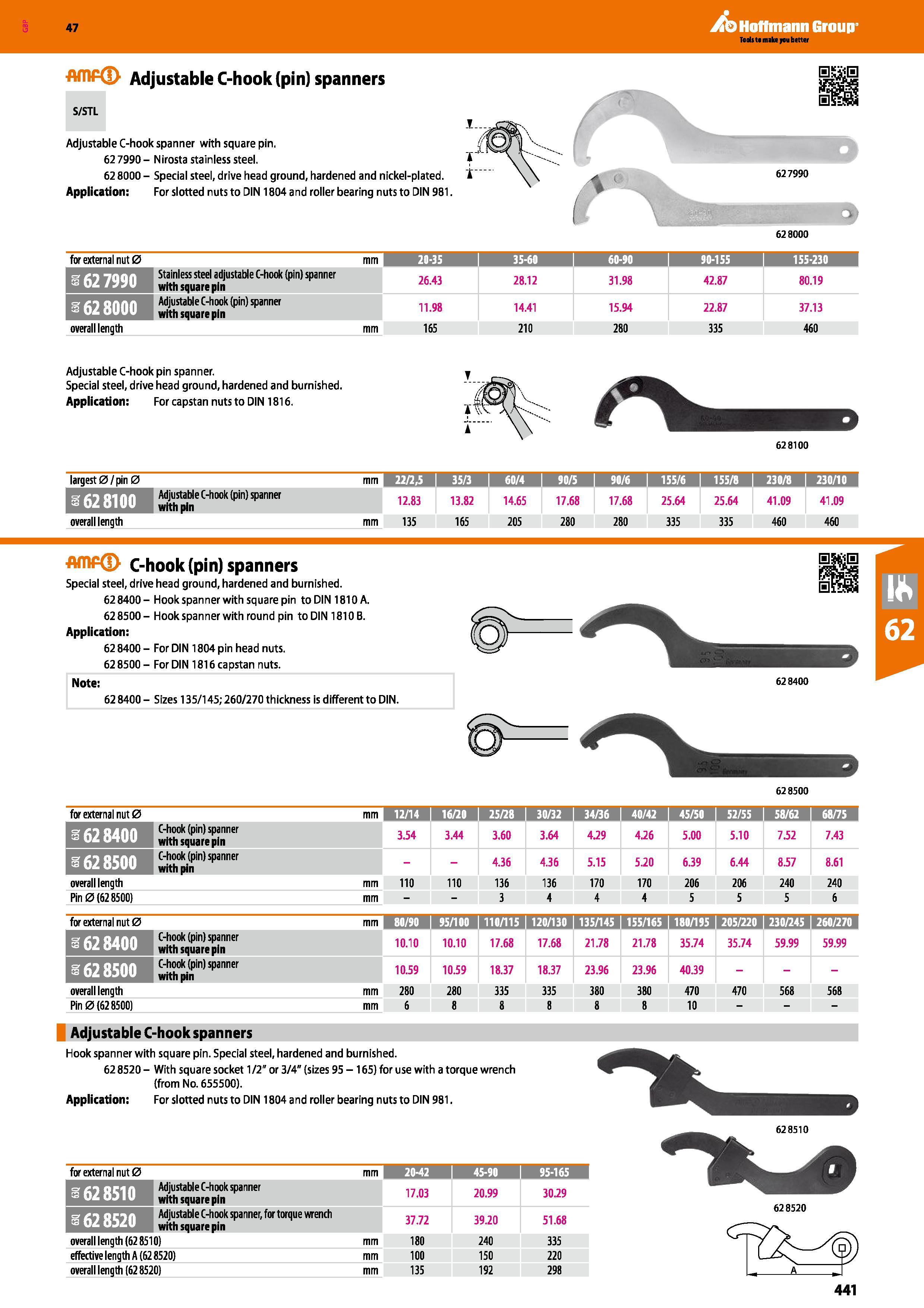 441 Adjustable C-hook (pin) spanners S/STL Adjustable C-hook spanner with square pin 62 7990 - Nirosta stainless steel f 62 8000 - Special steel, dri Каталог HOFFMANN GROUP 2016 Ручной слесарно-монтажный и измерительный инструмент и оборудование от комплексного поставщика промышленных предприятий Вер. 47 Англ. Стр. 441