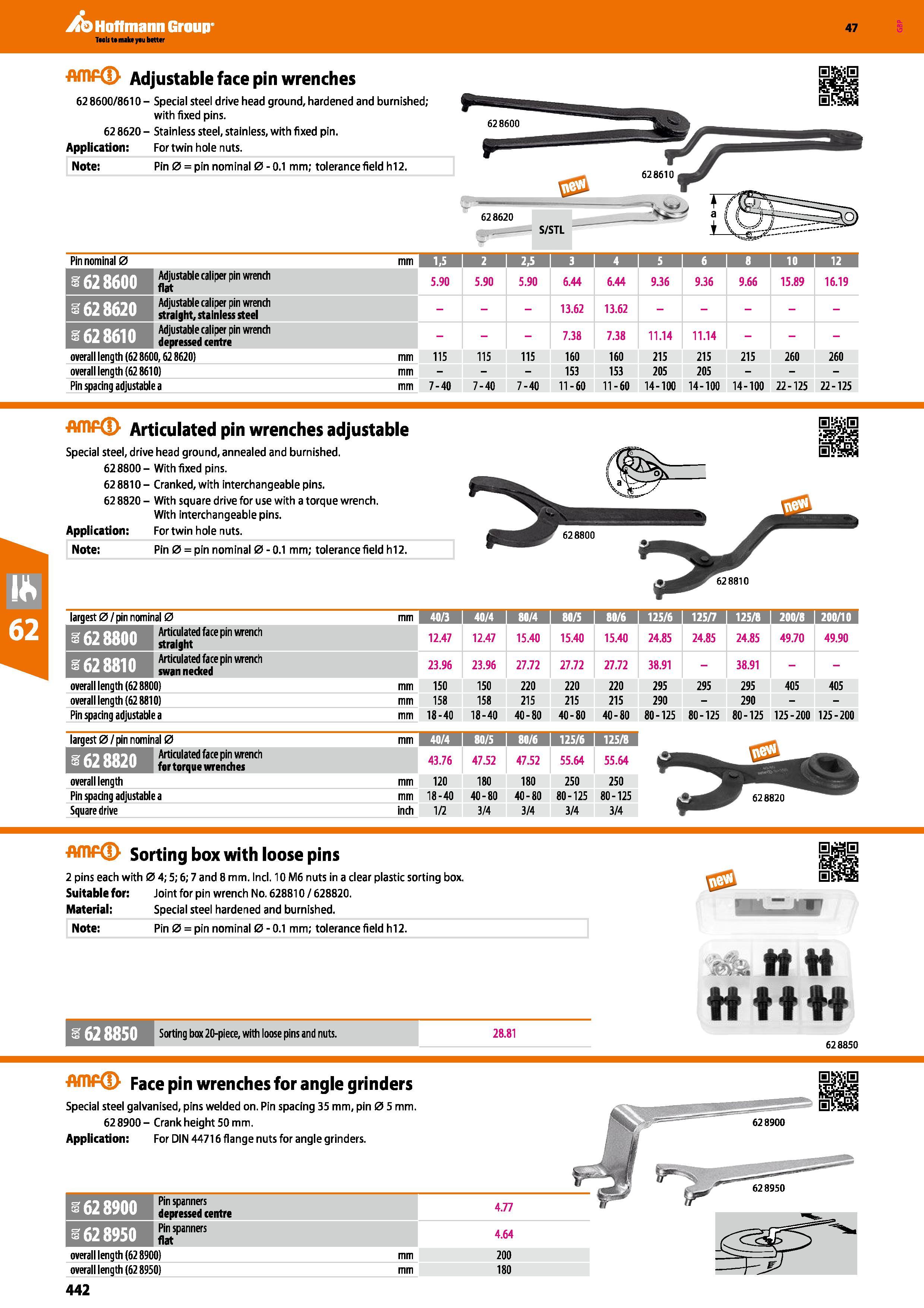 442 Hoffmann Group 47 Adjustable face pin wrenches 62 8600/8610 - Special steel drive head ground, hardened and burnished; with fixed pins 62 8620 - Каталог HOFFMANN GROUP 2016 Ручной слесарно-монтажный и измерительный инструмент и оборудование от комплексного поставщика промышленных предприятий Вер. 47 Англ. Стр. 442
