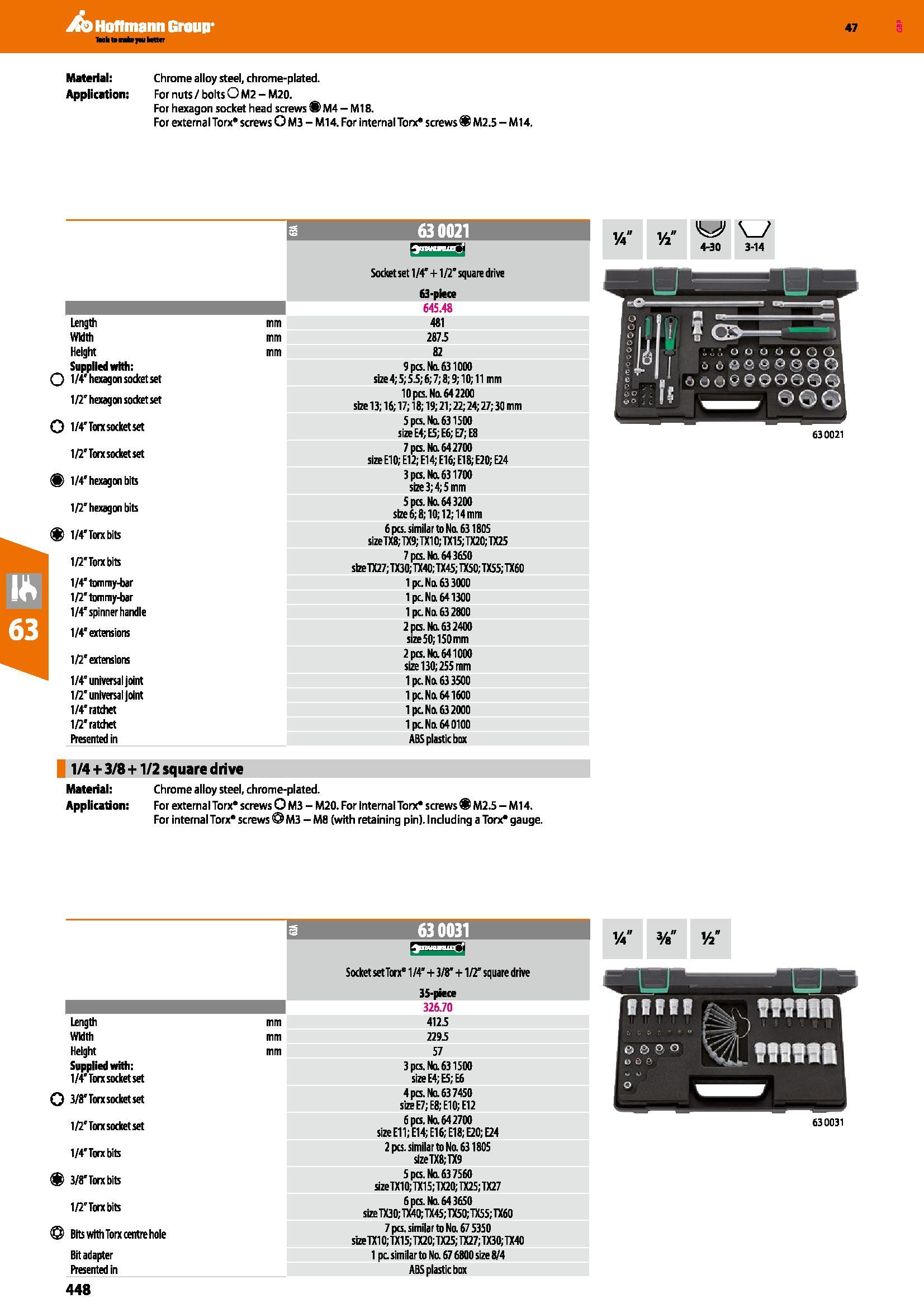 448 Material: Chrome alloy steel, chrome-plated Application: For nuts / bolts O M2 - M20 For hexagon socket head screws M4 Ml8 For external Torx scre Каталог HOFFMANN GROUP 2016 Ручной слесарно-монтажный и измерительный инструмент и оборудование от комплексного поставщика промышленных предприятий Вер. 47 Англ. Стр. 448