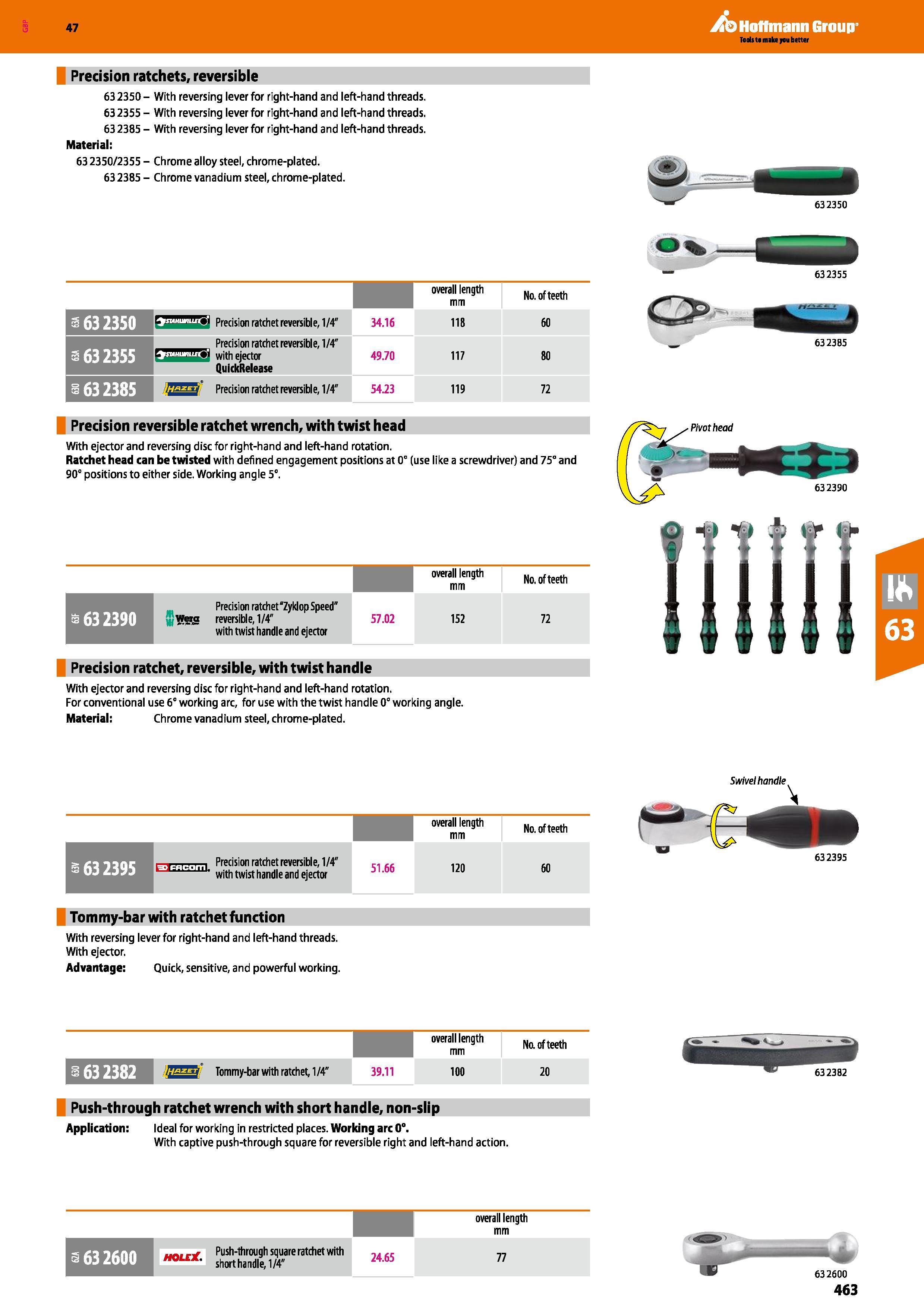 463 Hoffmann Group 47 Precision ratchets, reversible 63 2350 - With reversing lever for right-hand and left-hand threads 63 2355 - With reversing lev Каталог HOFFMANN GROUP 2016 Ручной слесарно-монтажный и измерительный инструмент и оборудование от комплексного поставщика промышленных предприятий Вер. 47 Англ. Стр. 463