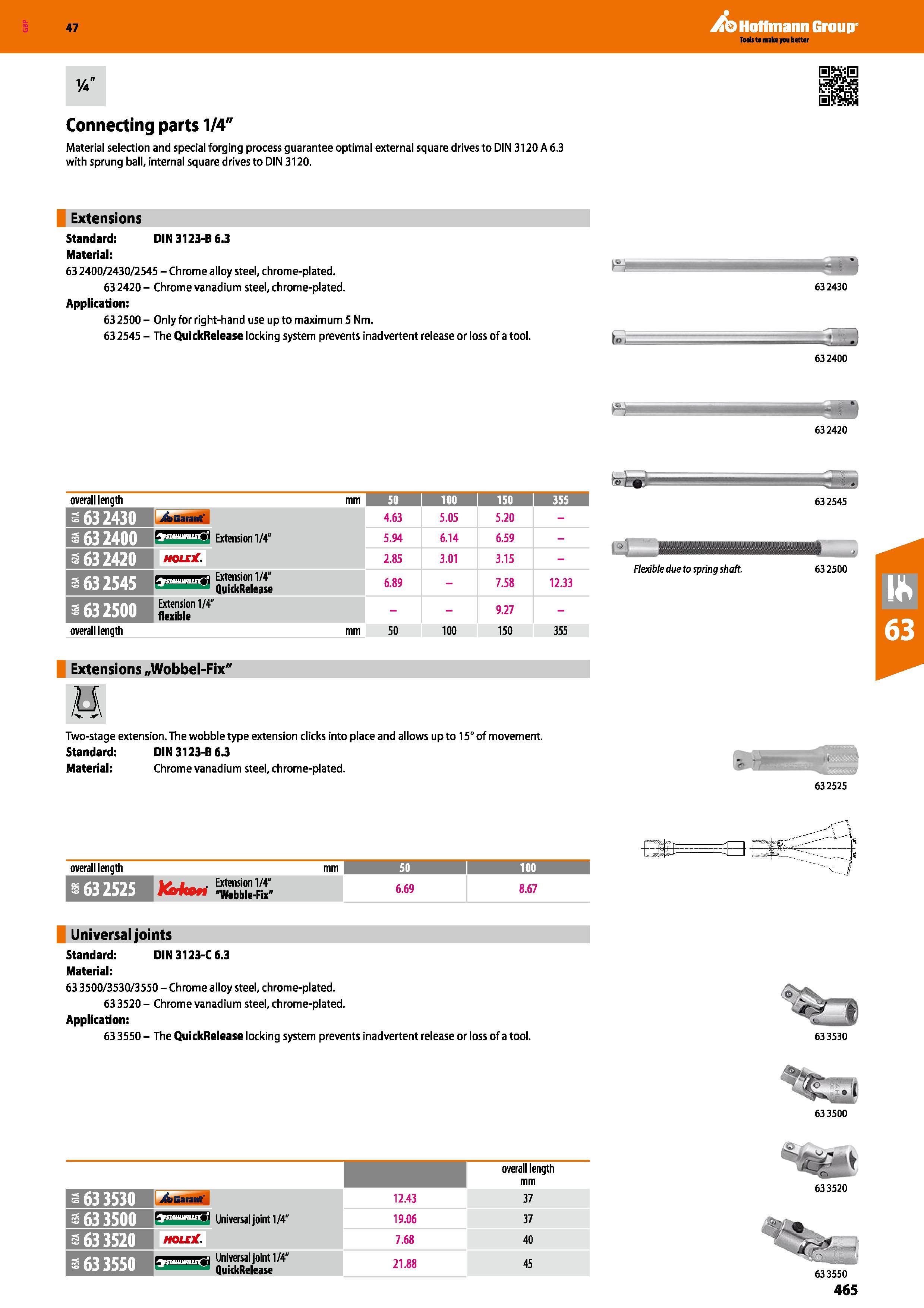 465 Hoffmann Group 47 Connecting parts 1/4 Material selection and special forging process guarantee optimal external square drives to DIN 3120 A 6 3 Каталог HOFFMANN GROUP 2016 Ручной слесарно-монтажный и измерительный инструмент и оборудование от комплексного поставщика промышленных предприятий Вер. 47 Англ. Стр. 465