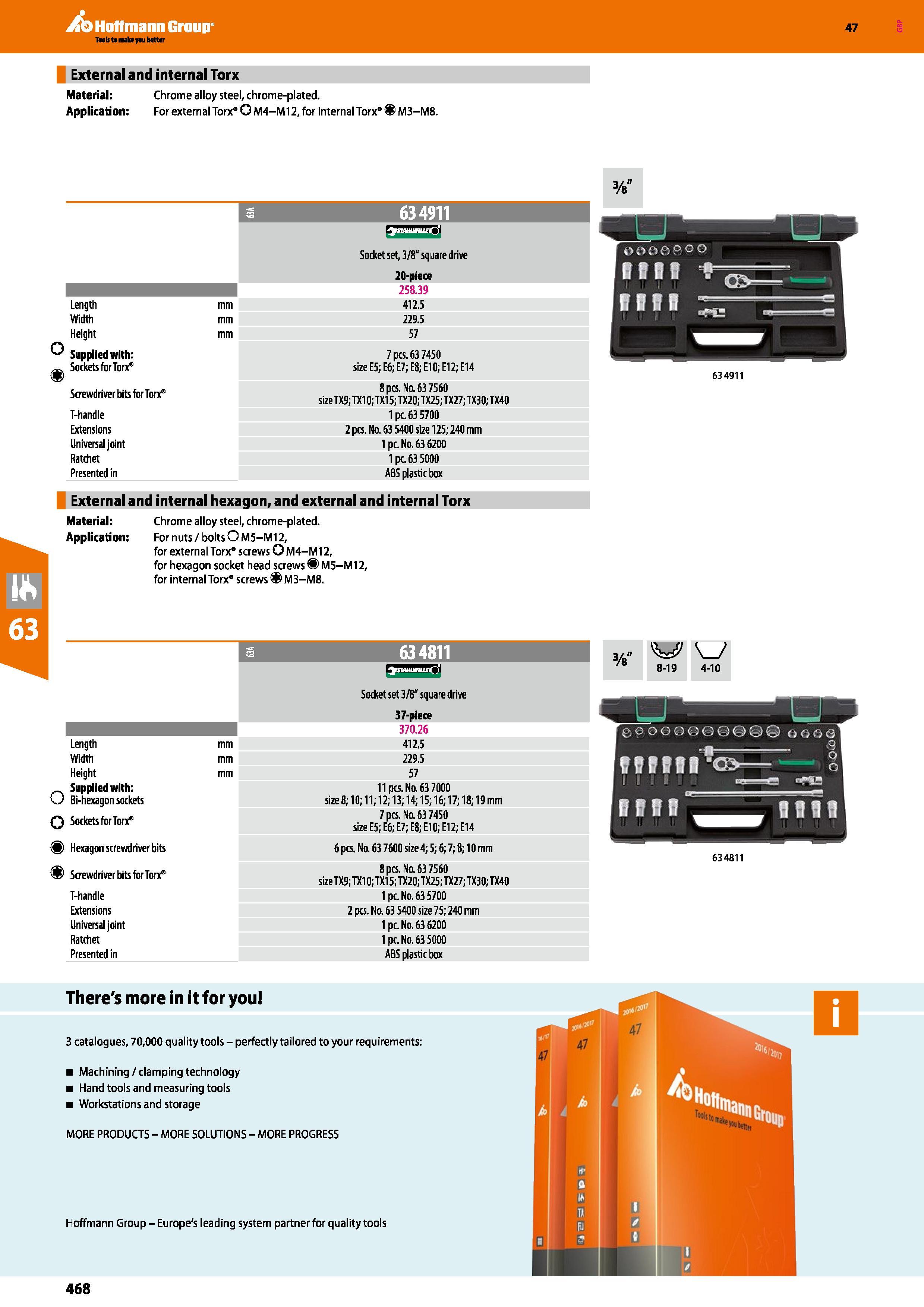 468 Hoffmann Group 47 External and internal Torx Material: Chrome alloy steel, chrome-plated Application: For external Torx” O M4-M12, for internal T Каталог HOFFMANN GROUP 2016 Ручной слесарно-монтажный и измерительный инструмент и оборудование от комплексного поставщика промышленных предприятий Вер. 47 Англ. Стр. 468