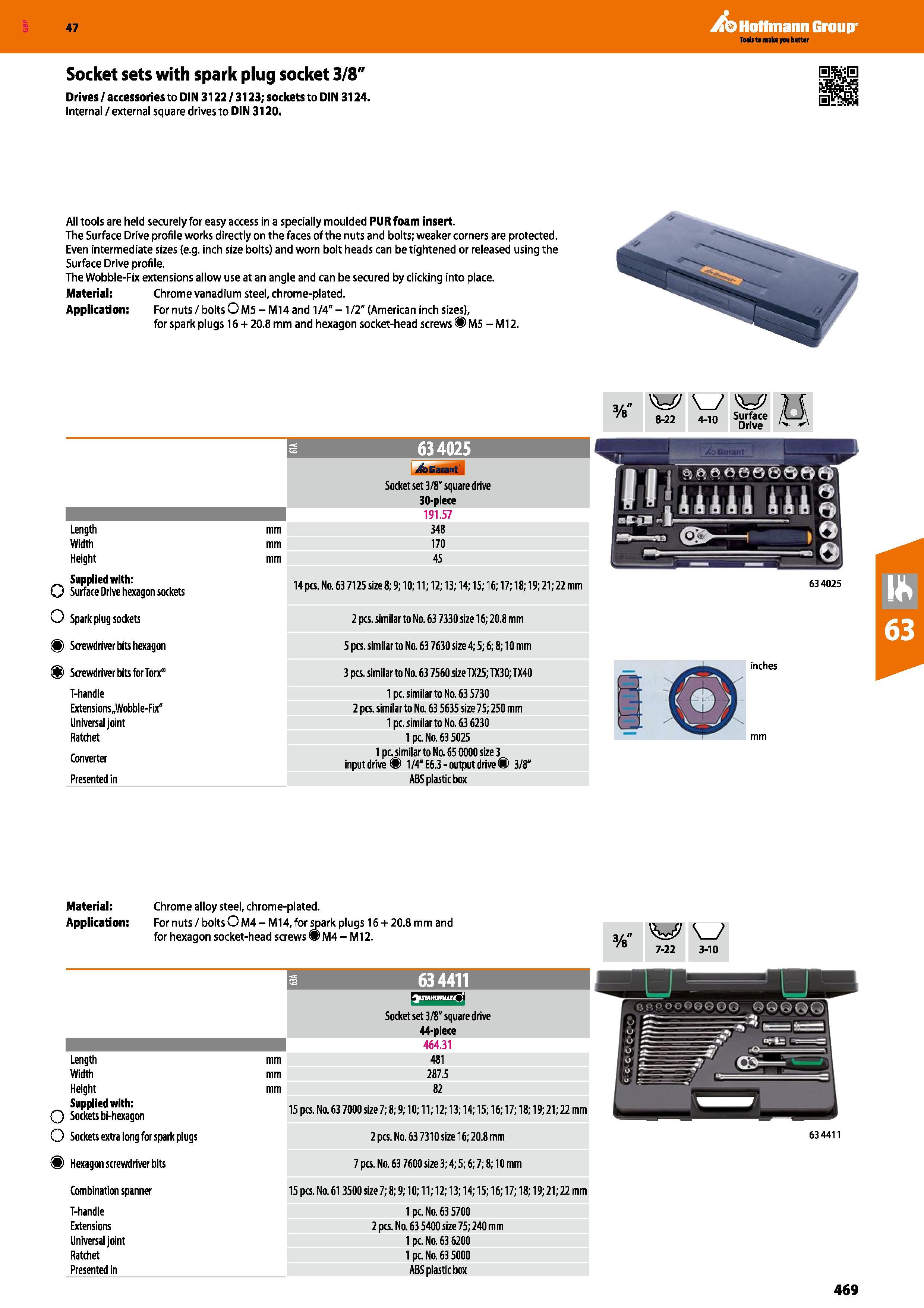 469 47 Socket sets with spark plug socket 3/8 Drives / accessories to DIN 3122 / 3123; sockets to DIN 3124 Internal /external square drives to DIN 31 Каталог HOFFMANN GROUP 2016 Ручной слесарно-монтажный и измерительный инструмент и оборудование от комплексного поставщика промышленных предприятий Вер. 47 Англ. Стр. 469
