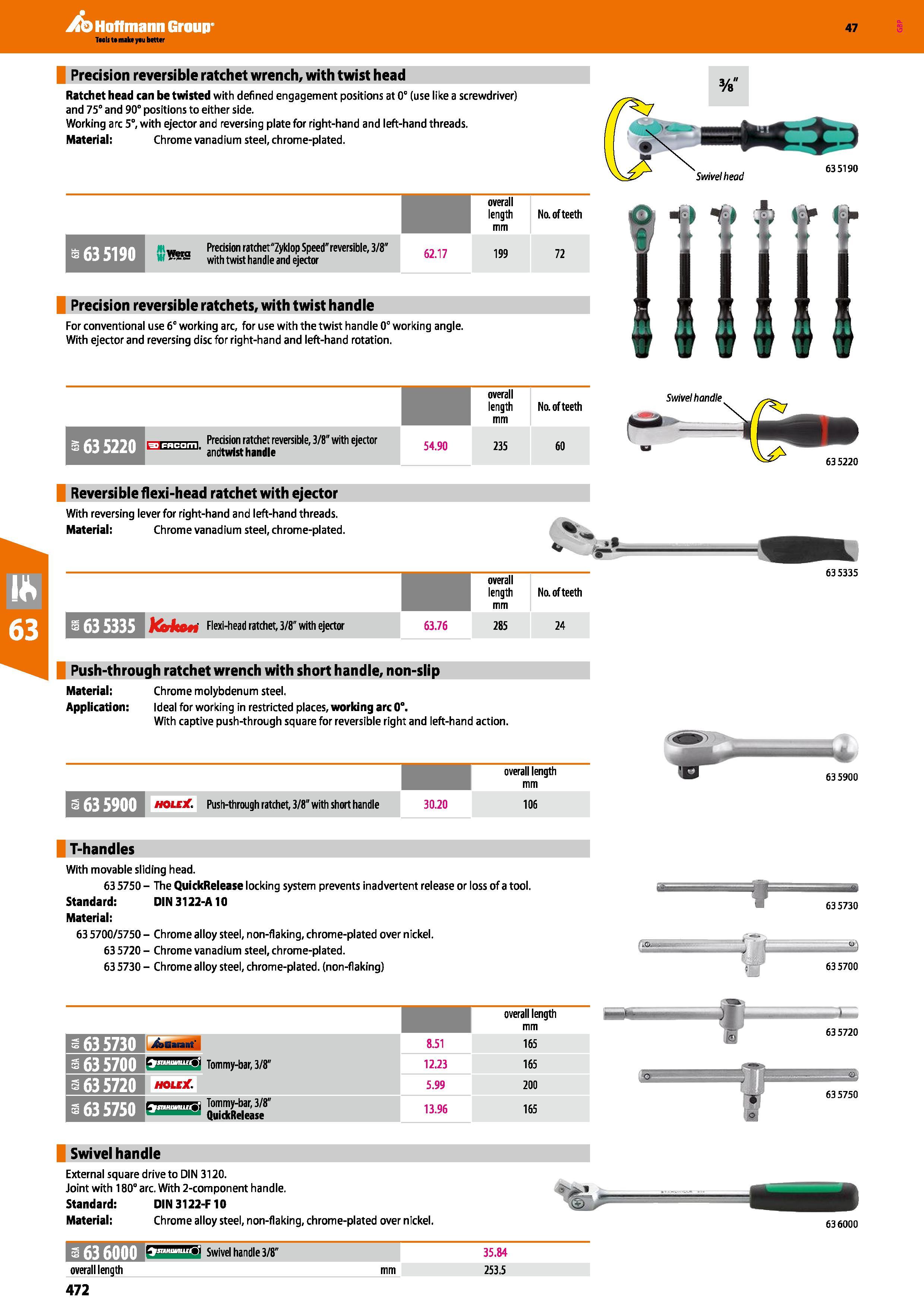 472 Hoffmann Group 47 Precision reversible ratchet wrench, with twist head Ratchet head can be twisted with defined engagement positions at 0° (use l Каталог HOFFMANN GROUP 2016 Ручной слесарно-монтажный и измерительный инструмент и оборудование от комплексного поставщика промышленных предприятий Вер. 47 Англ. Стр. 472
