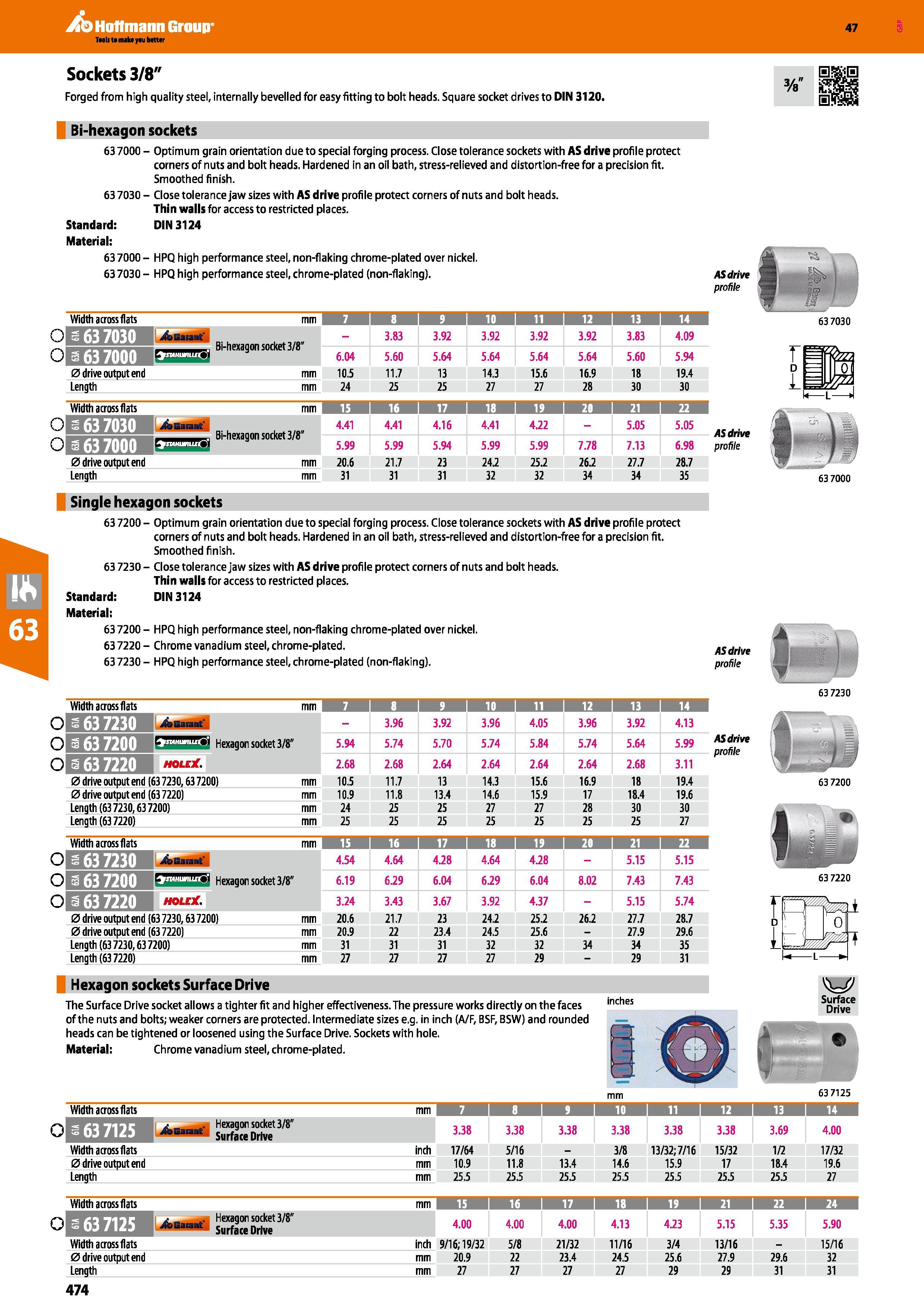 474 Hoffmann Group 47 Sockets 3/8 Forged from high quality steel, internally bevelled for easy fitting to bolt heads Square socket drives to DIN 3120 Каталог HOFFMANN GROUP 2016 Ручной слесарно-монтажный и измерительный инструмент и оборудование от комплексного поставщика промышленных предприятий Вер. 47 Англ. Стр. 474