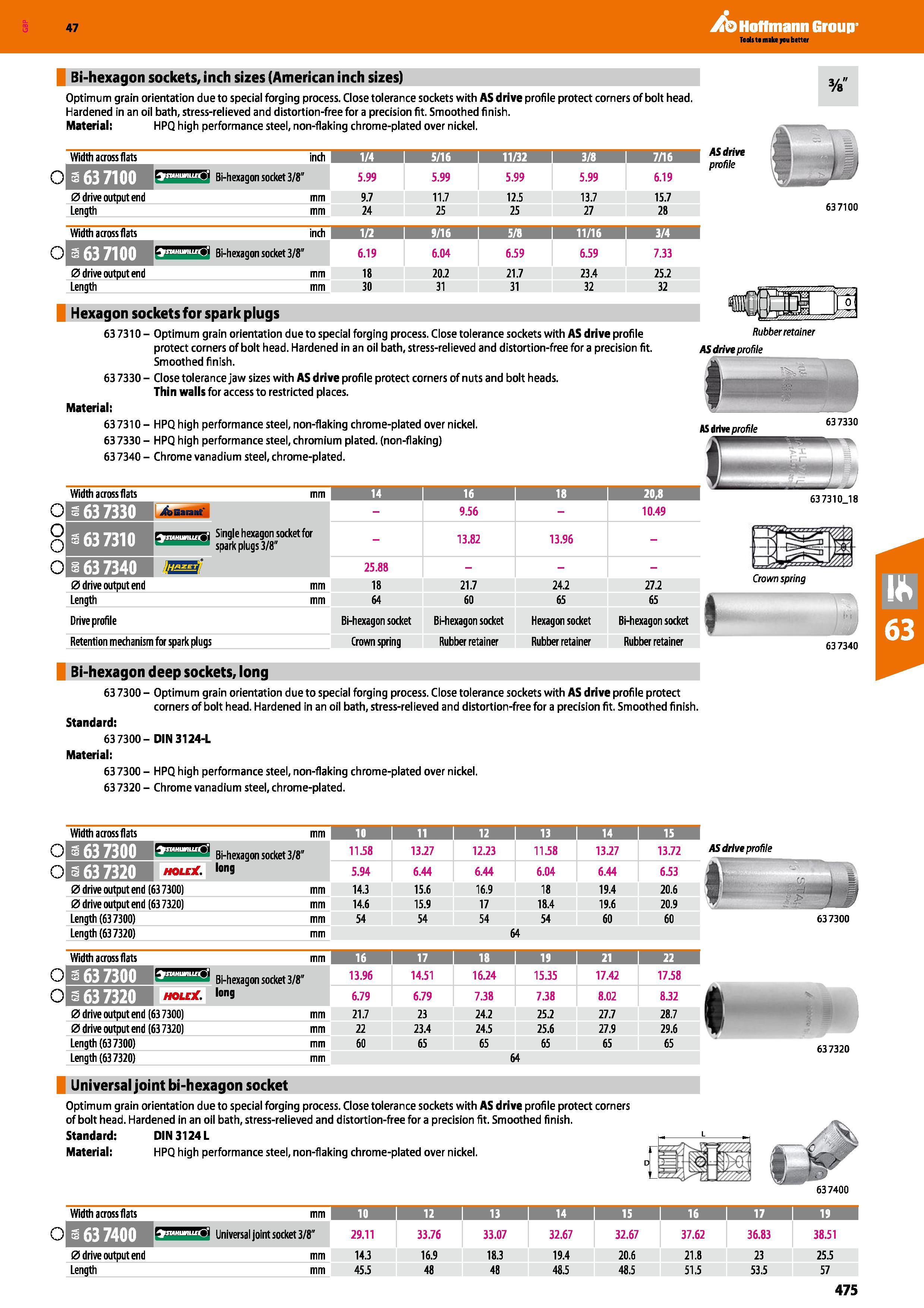 475 Hoffmann Group 47 Bi-hexagon sockets, inch sizes (American inch sizes) Optimum grain orientation due to special forging process Close tolerance s Каталог HOFFMANN GROUP 2016 Ручной слесарно-монтажный и измерительный инструмент и оборудование от комплексного поставщика промышленных предприятий Вер. 47 Англ. Стр. 475
