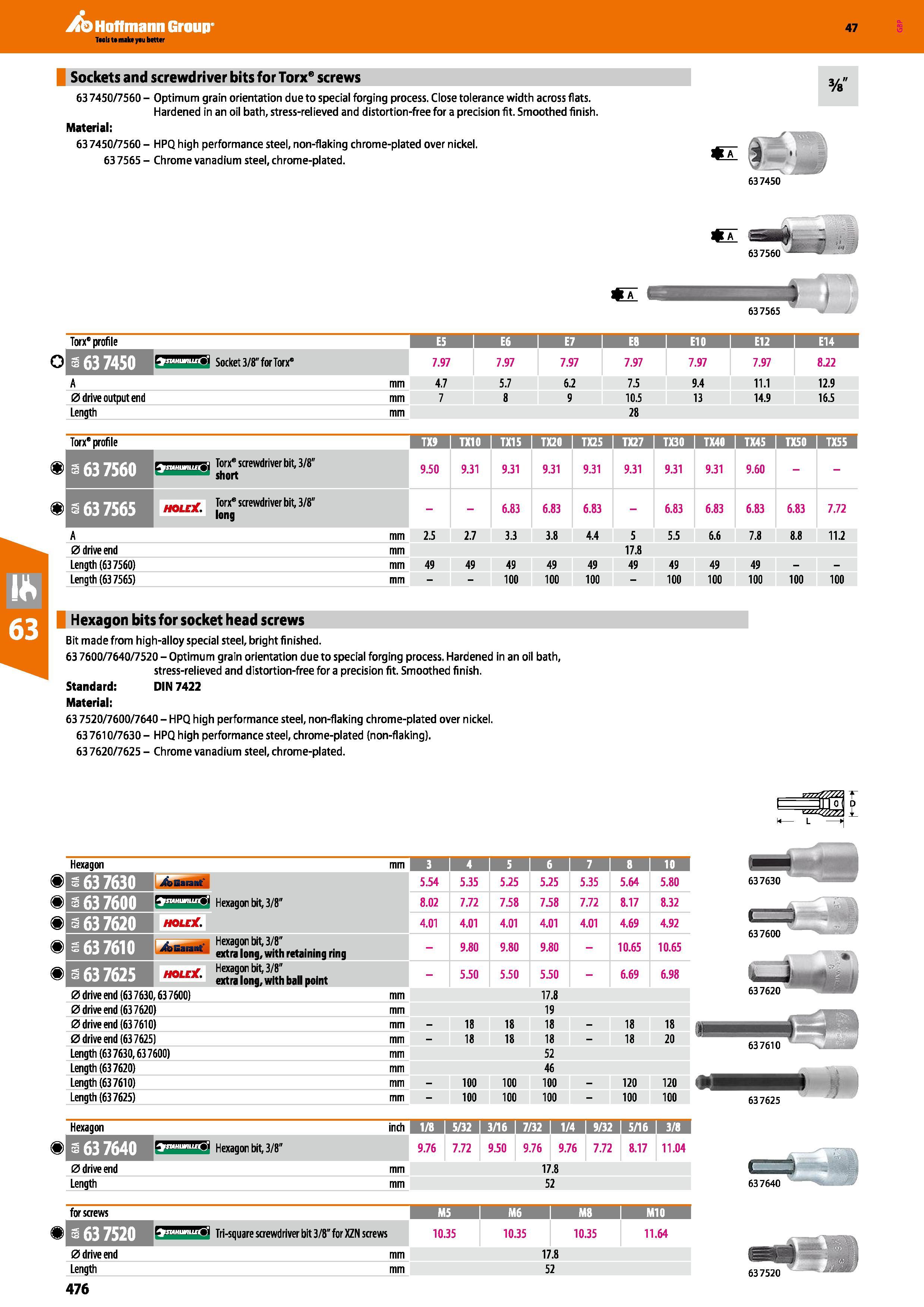 476 Hoffmann Group 47 Sockets and screwdriver bits for Torx6 screws 63 7450/7560 - Optimum grain orientation due to special forging process Close tol Каталог HOFFMANN GROUP 2016 Ручной слесарно-монтажный и измерительный инструмент и оборудование от комплексного поставщика промышленных предприятий Вер. 47 Англ. Стр. 476