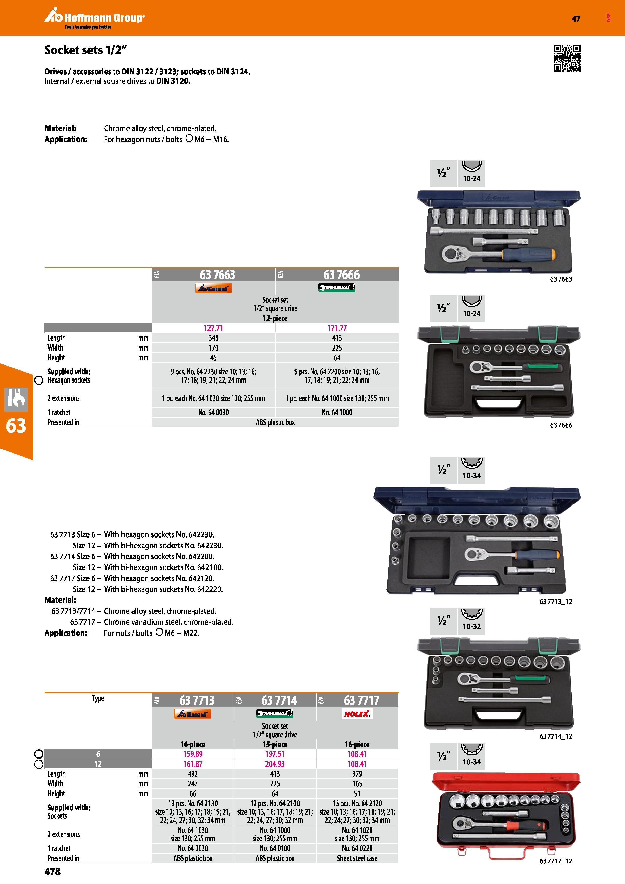 478 oo Hoffmann Group 47 Tm It t make yau better Socket sets 1/2 Drives / accessories to DIN 3122 / 3123; sockets to DIN 3124 Internal /external squa Каталог HOFFMANN GROUP 2016 Ручной слесарно-монтажный и измерительный инструмент и оборудование от комплексного поставщика промышленных предприятий Вер. 47 Англ. Стр. 478