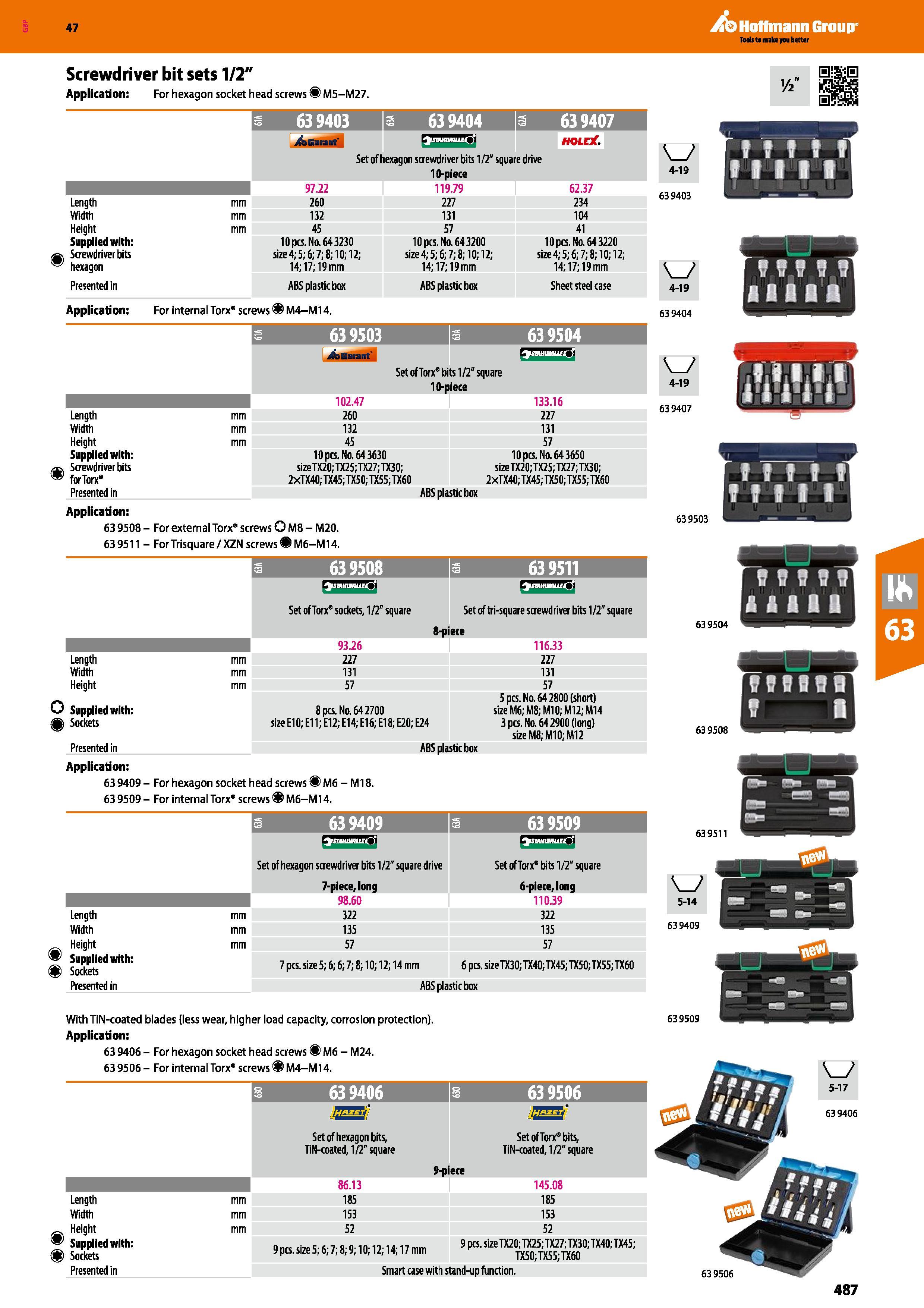 487 Hoffmann Group 47 Screwdriver bit sets 1/2 Application: For hexagon socket head screws M5-M27 63 9403 Gannt 63 9404 Is 63 9407 sowmiuEtJ HOLE Set Каталог HOFFMANN GROUP 2016 Ручной слесарно-монтажный и измерительный инструмент и оборудование от комплексного поставщика промышленных предприятий Вер. 47 Англ. Стр. 487