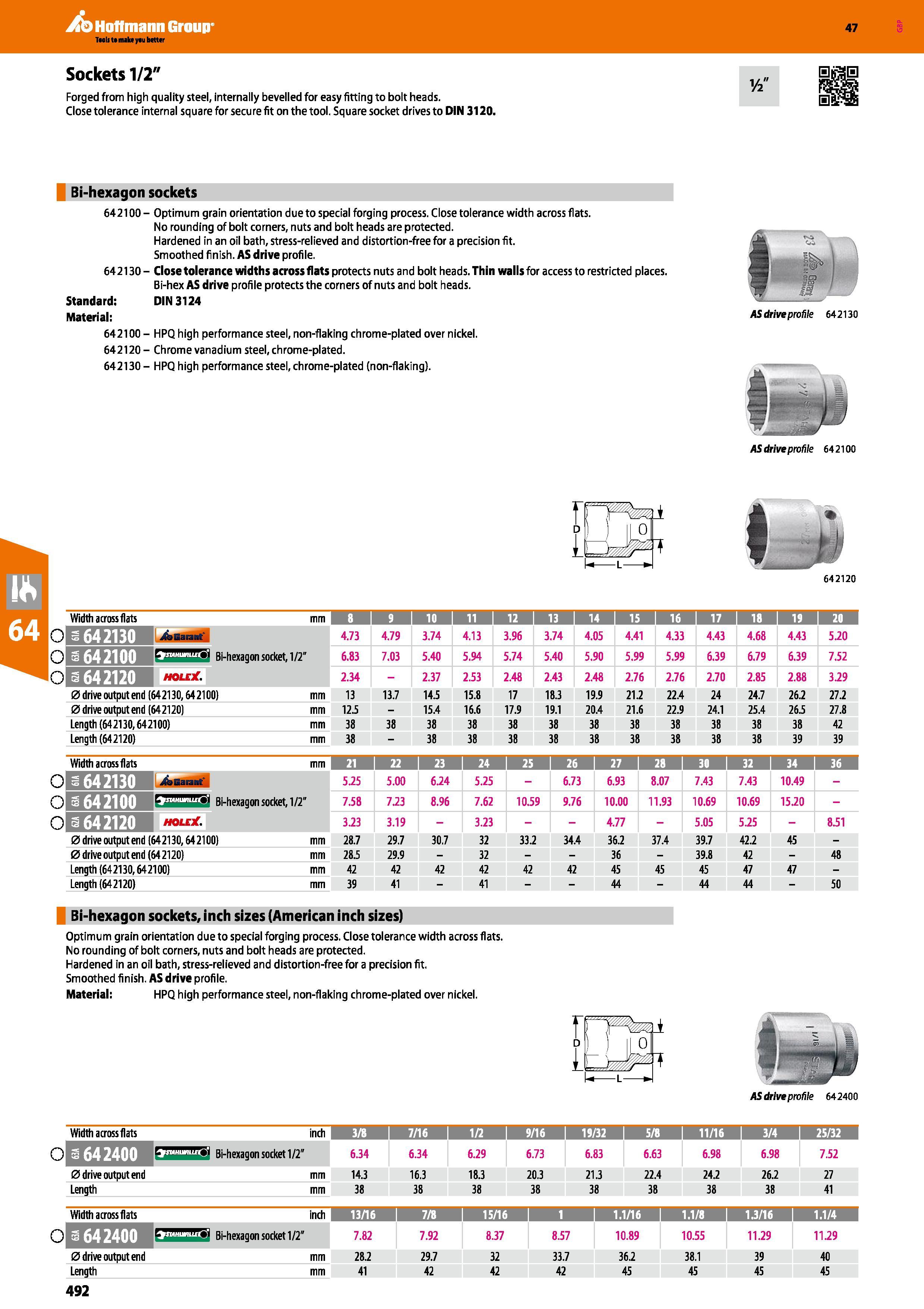 492 Hoffmann Group Teols t make yau better Sockets 1/2 Forged from high quality steel, internally bevelled for easy fitting to bolt heads Close toler Каталог HOFFMANN GROUP 2016 Ручной слесарно-монтажный и измерительный инструмент и оборудование от комплексного поставщика промышленных предприятий Вер. 47 Англ. Стр. 492