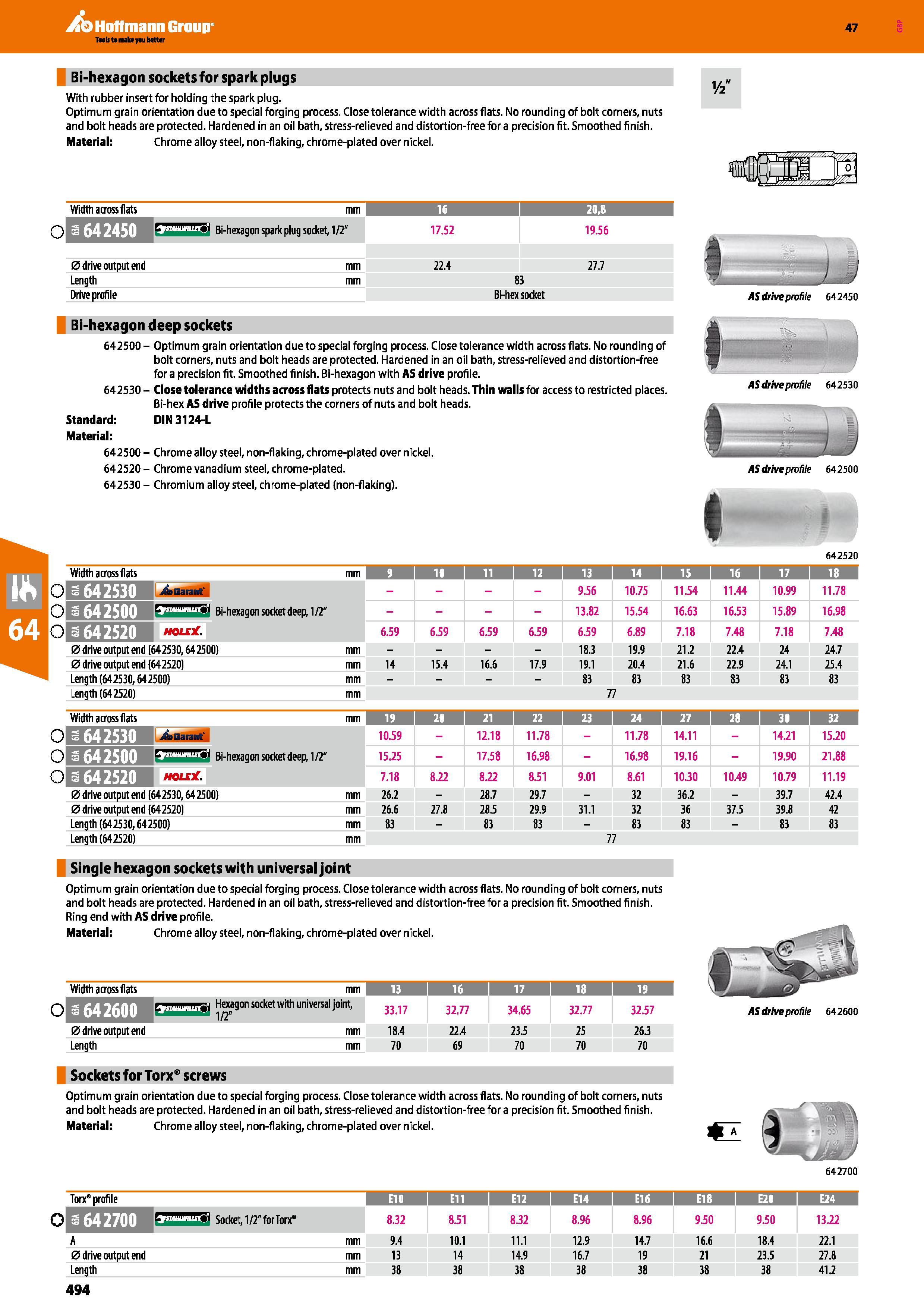 494 Hoffmann Group 47 Bi-hexagon sockets for spark plugs With rubber insert for holding the spark plug Optimum grain orientation due to special forgi Каталог HOFFMANN GROUP 2016 Ручной слесарно-монтажный и измерительный инструмент и оборудование от комплексного поставщика промышленных предприятий Вер. 47 Англ. Стр. 494