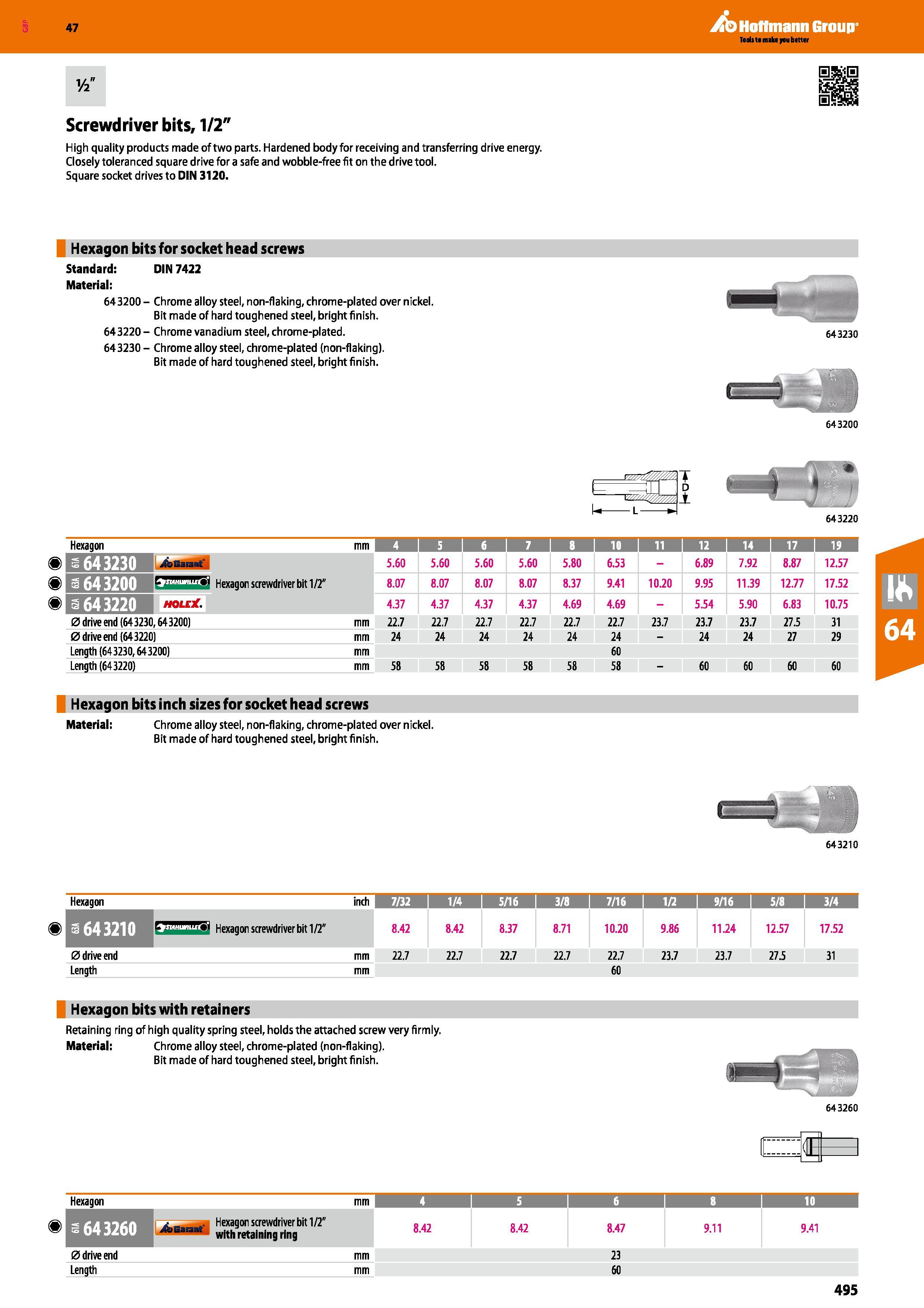 495 m < ( > Screwdriver bits, 1/2 High quality products made of two parts Hardened body for receiving and transferring drive energy Closely tolerance Каталог HOFFMANN GROUP 2016 Ручной слесарно-монтажный и измерительный инструмент и оборудование от комплексного поставщика промышленных предприятий Вер. 47 Англ. Стр. 495