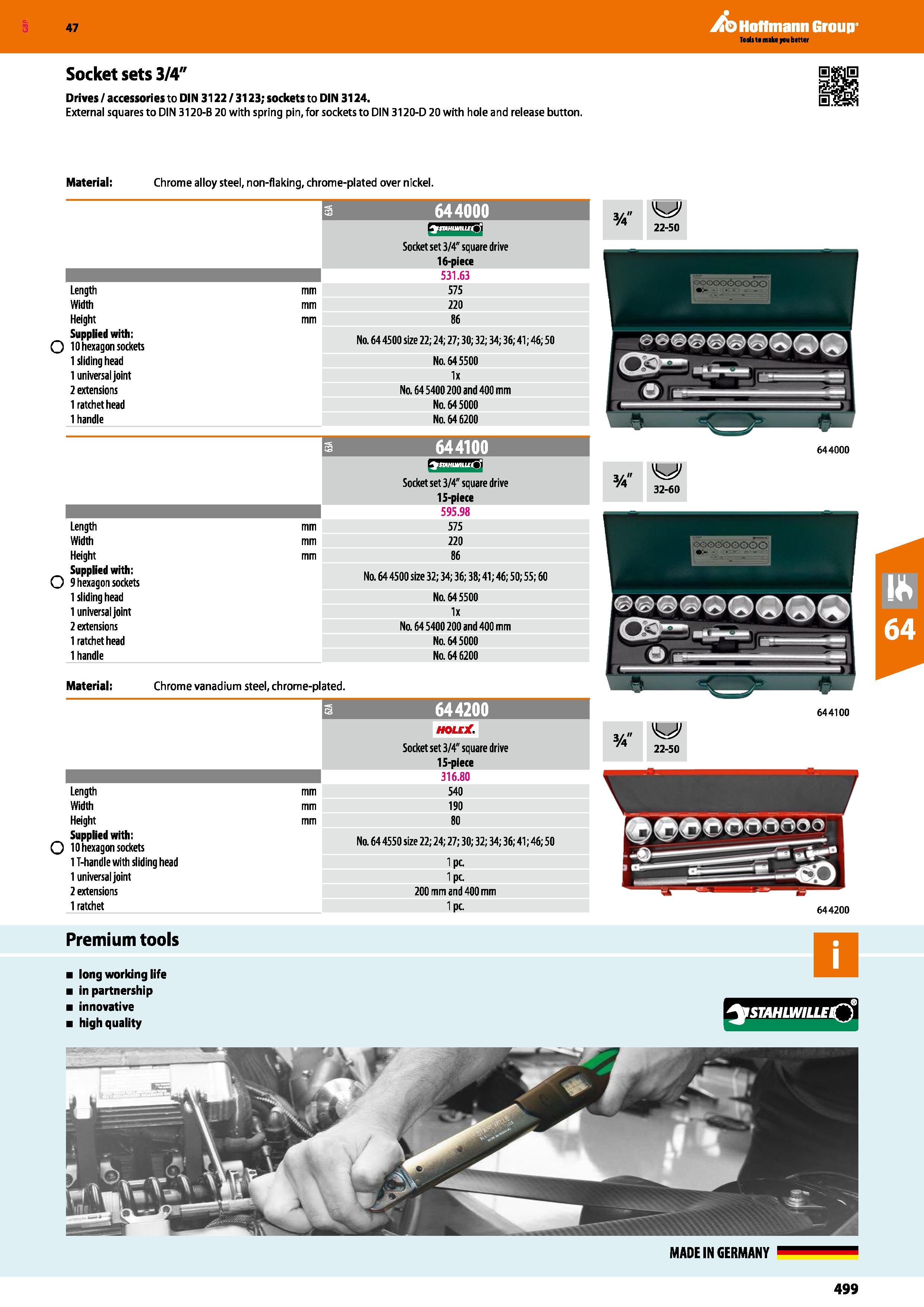 499 Hoffmann Group 47 Socket sets 3/4 Drives / accessories to DIN 3122 / 3123; sockets to DIN 3124 External squares to DIN 3120-B 20 with spring pin, Каталог HOFFMANN GROUP 2016 Ручной слесарно-монтажный и измерительный инструмент и оборудование от комплексного поставщика промышленных предприятий Вер. 47 Англ. Стр. 499