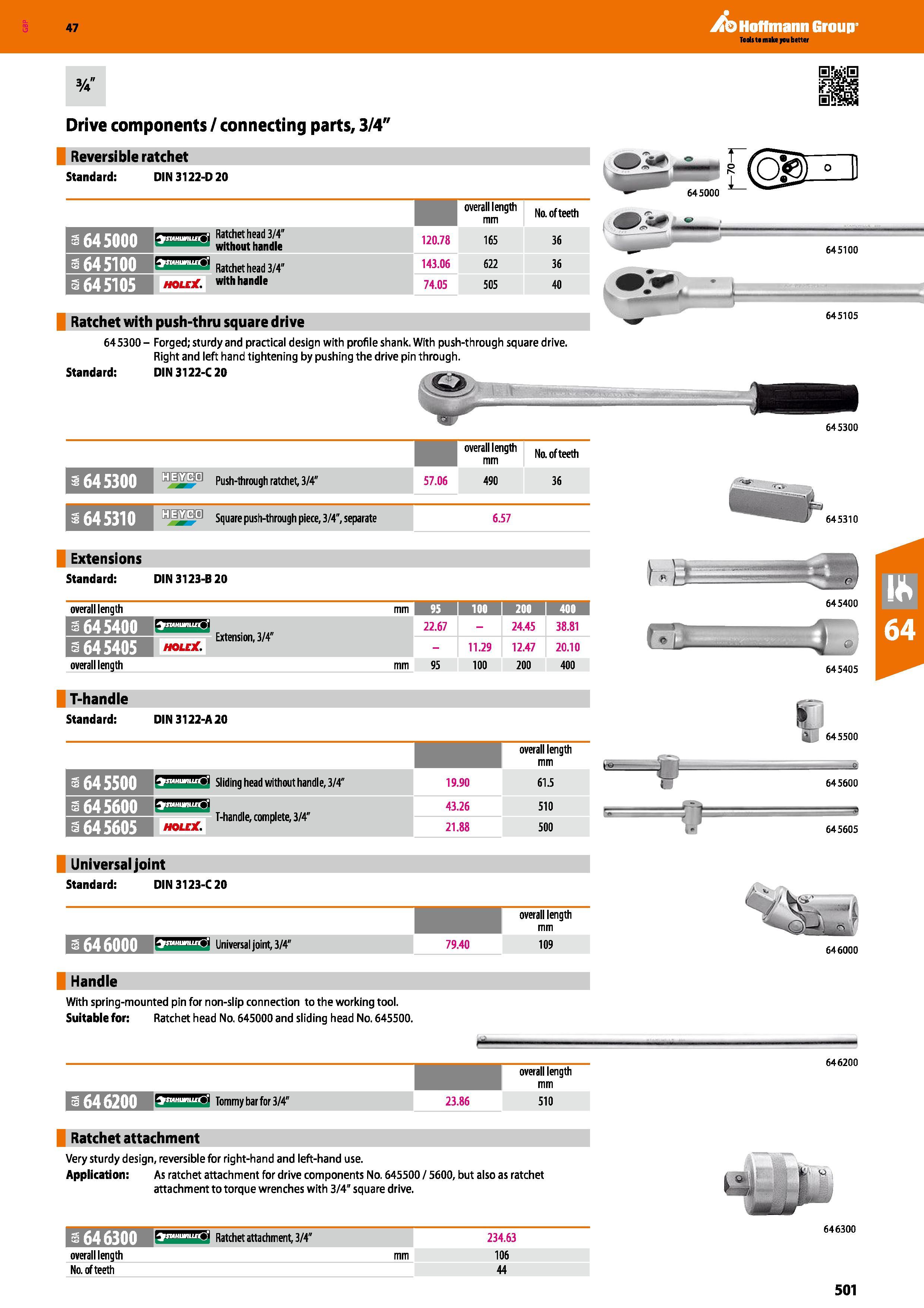 501 Drive components / connecting parts, 3/4 Reversible ratchet Standard: DIN 3122-D 20 overall length mm Na of teeth a 64 5000 l minimum Ratchet hea Каталог HOFFMANN GROUP 2016 Ручной слесарно-монтажный и измерительный инструмент и оборудование от комплексного поставщика промышленных предприятий Вер. 47 Англ. Стр. 501