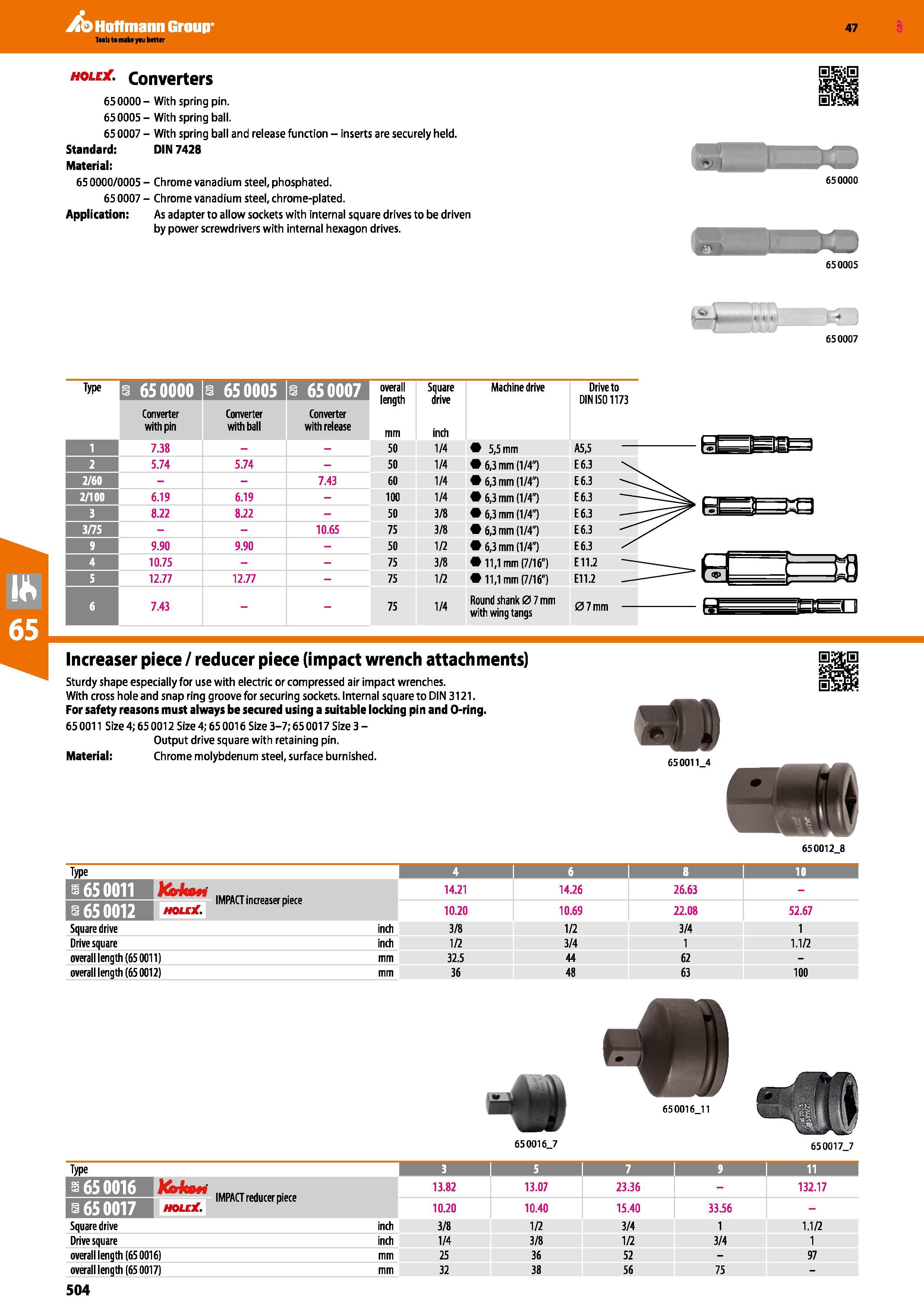 504 Hoffmann Group 47 hole Converters 650000- With spring pin 650005 - With spring ball 65 0007 - With spring ball and release function - inserts are Каталог HOFFMANN GROUP 2016 Ручной слесарно-монтажный и измерительный инструмент и оборудование от комплексного поставщика промышленных предприятий Вер. 47 Англ. Стр. 504