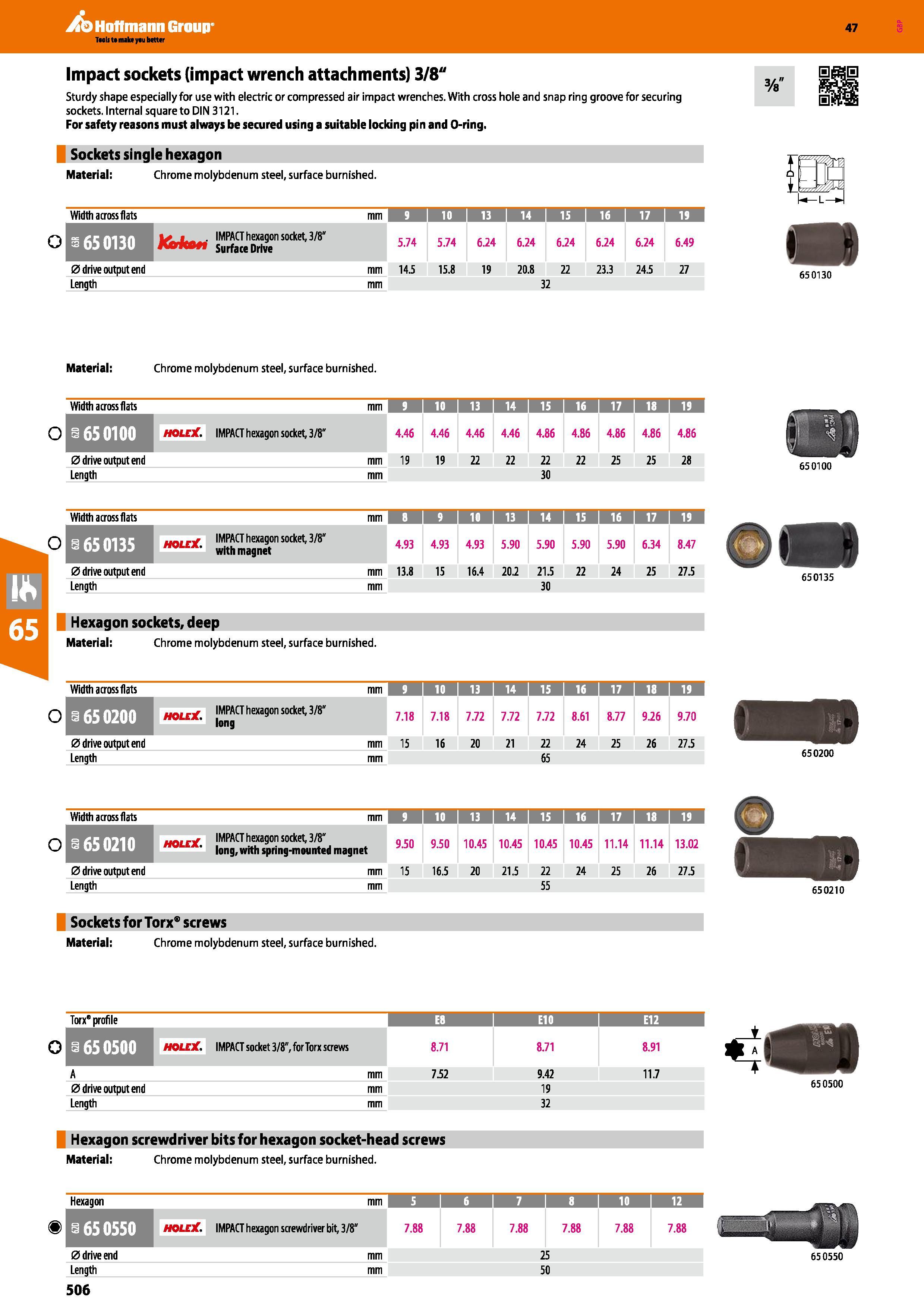 506 Impact sockets (impact wrench attachments) 3/8 Sturdy shape especially for use with electric or compressed air impact wrenches With cross hole an Каталог HOFFMANN GROUP 2016 Ручной слесарно-монтажный и измерительный инструмент и оборудование от комплексного поставщика промышленных предприятий Вер. 47 Англ. Стр. 506