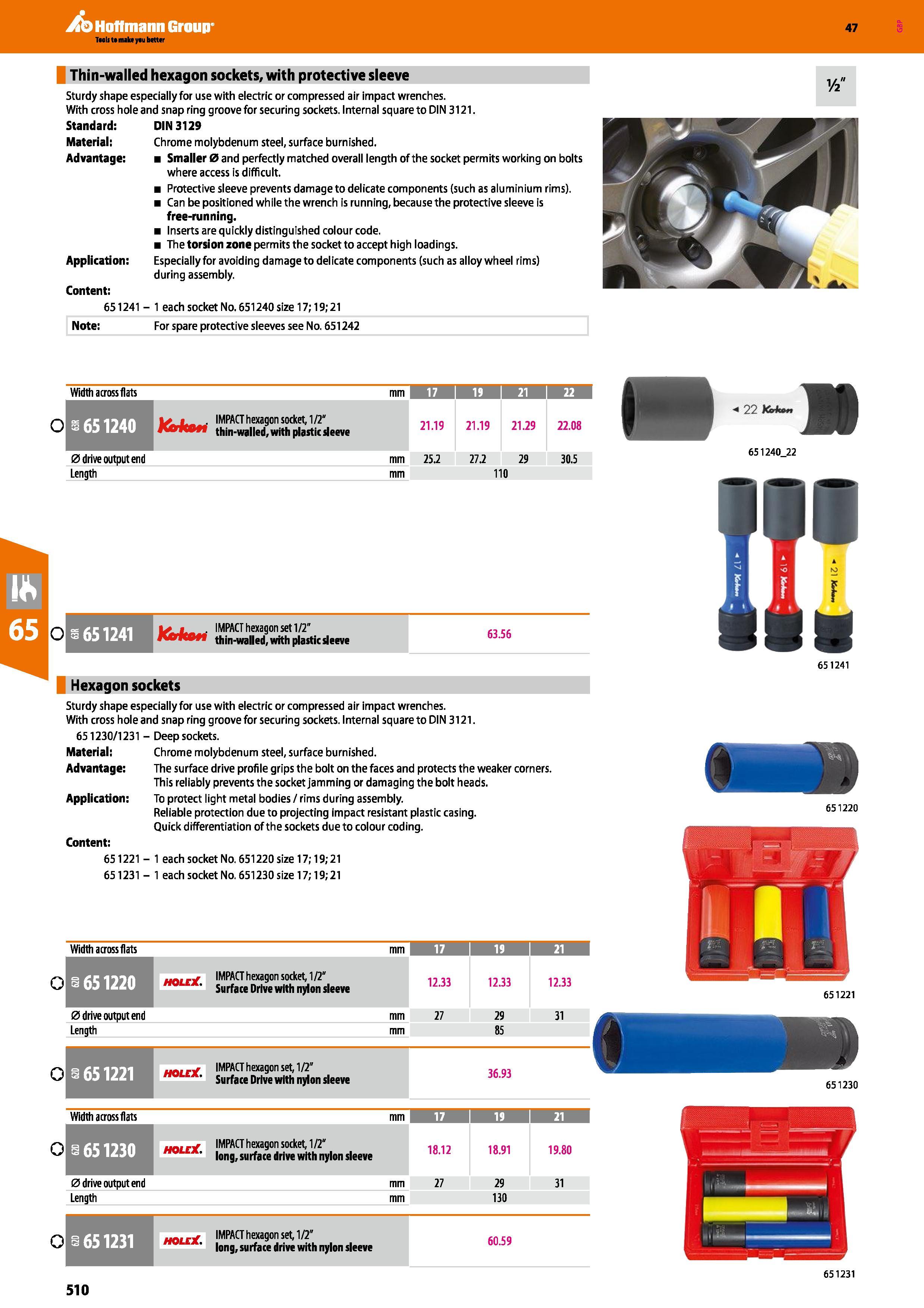 510 Hoffmann Group 47 Thin-walled hexagon sockets, with protective sleeve Sturdy shape especially for use with electric or compressed air impact wren Каталог HOFFMANN GROUP 2016 Ручной слесарно-монтажный и измерительный инструмент и оборудование от комплексного поставщика промышленных предприятий Вер. 47 Англ. Стр. 510