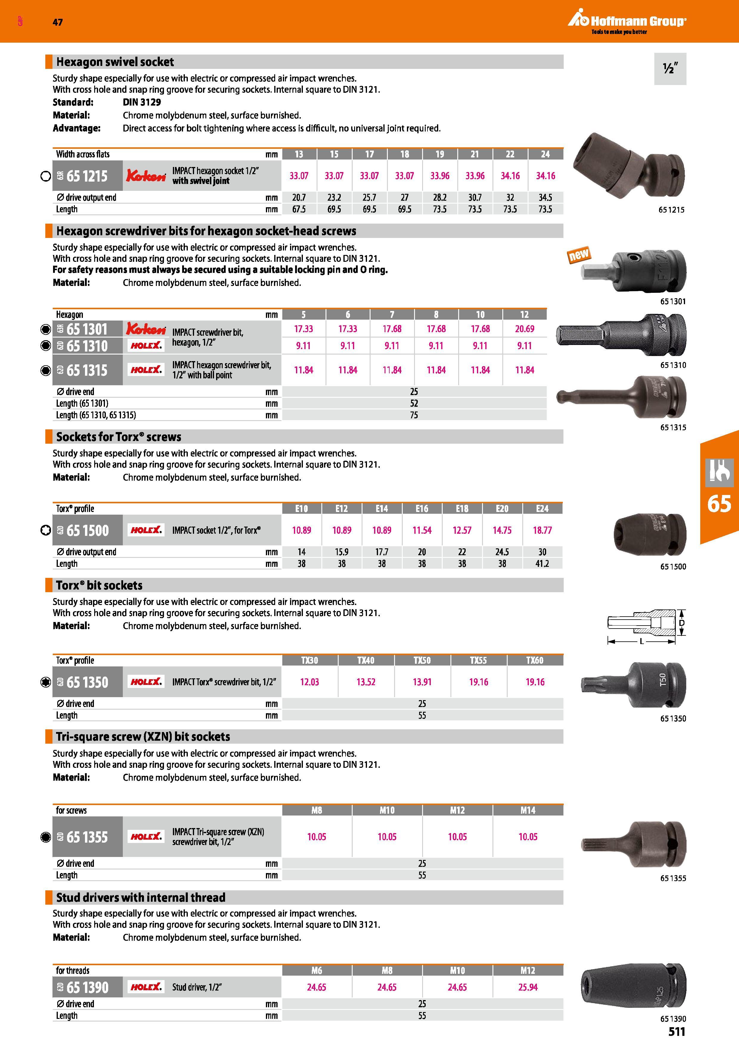511 Hoffmann Group 47 Hexagon swivel socket 1A Sturdy shape especially for use with electric or compressed air impact wrenches 72 With cross hole and Каталог HOFFMANN GROUP 2016 Ручной слесарно-монтажный и измерительный инструмент и оборудование от комплексного поставщика промышленных предприятий Вер. 47 Англ. Стр. 511