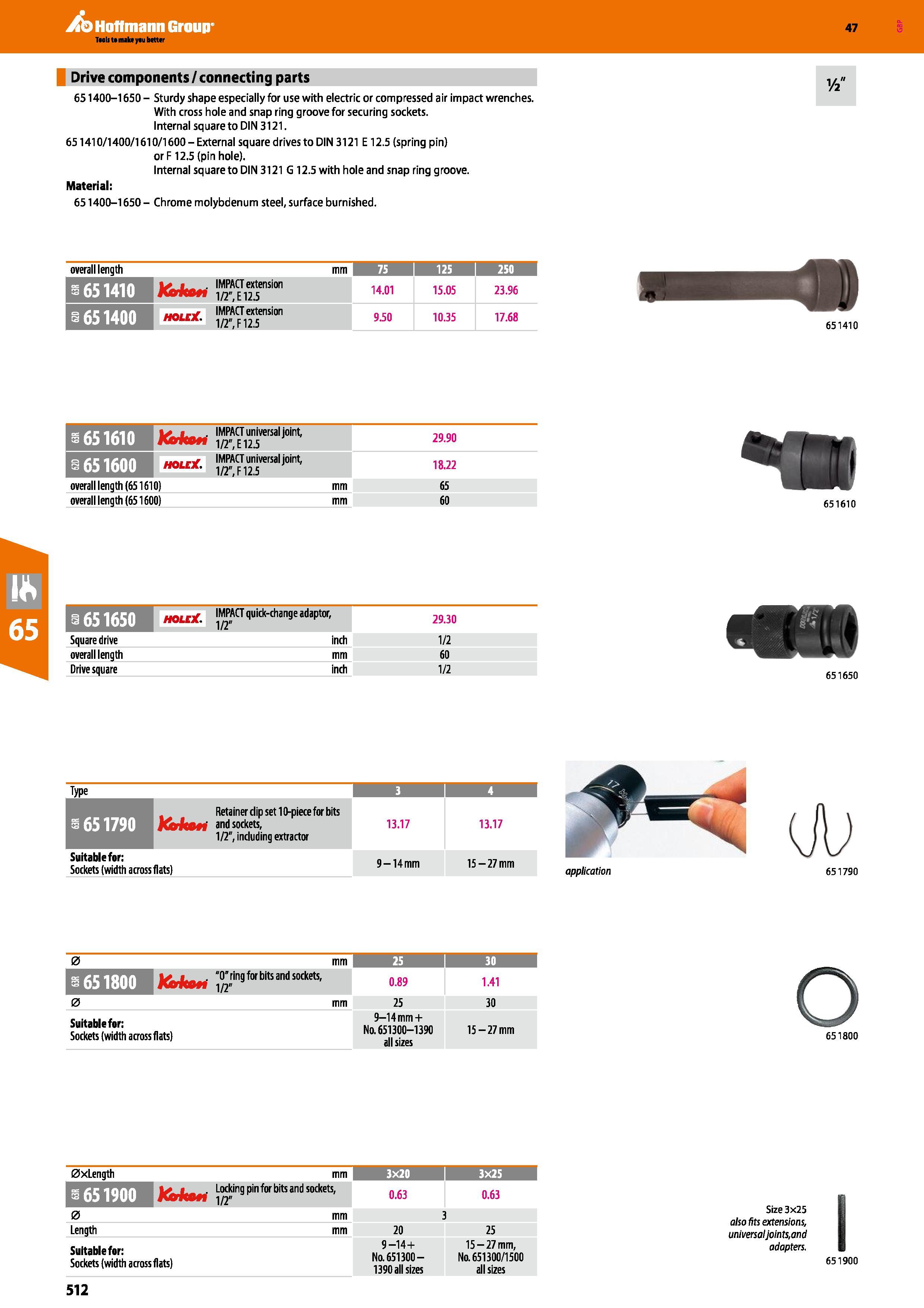 512 Hoffmann Group 47 Drive components/connecting parts 651400-1650 - Sturdy shape especially for use with electric or compressed air impact wrenches Каталог HOFFMANN GROUP 2016 Ручной слесарно-монтажный и измерительный инструмент и оборудование от комплексного поставщика промышленных предприятий Вер. 47 Англ. Стр. 512