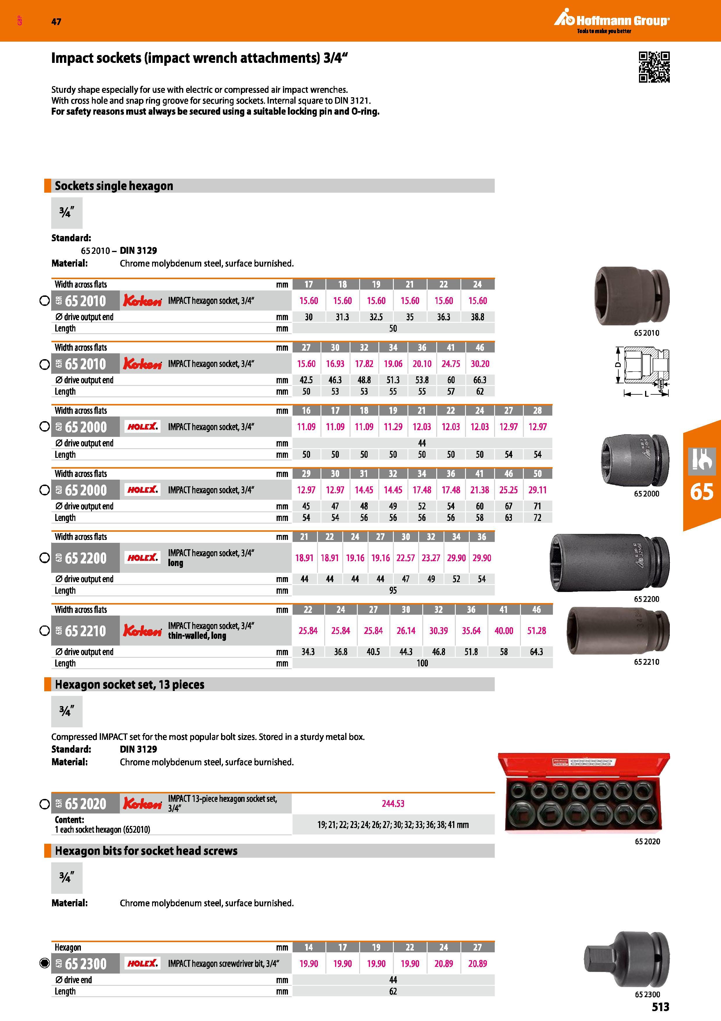 513 Hoffmann Group 47 Impact sockets (impact wrench attachments) 3/4 Sturdy shape especially for use with electric or compressed air impact wrenches Каталог HOFFMANN GROUP 2016 Ручной слесарно-монтажный и измерительный инструмент и оборудование от комплексного поставщика промышленных предприятий Вер. 47 Англ. Стр. 513